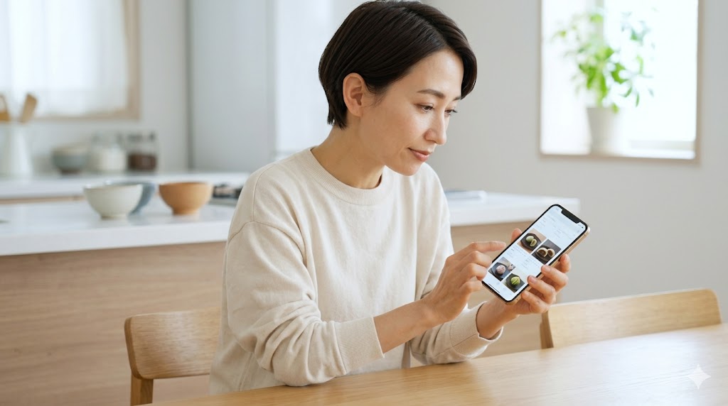 自宅のリビングで、スマートフォンを使いながら阿闍梨餅の公式オンラインストアを閲覧している日本人女性。画面には、贈答用の箱入り商品が並んでいる。