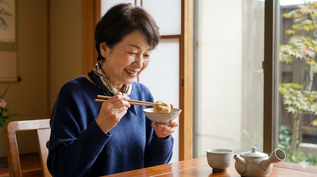 自宅のダイニングテーブルで、日本人の高齢女性が、温めた阿闍梨餅を一口食べて至福の表情を浮かべている。傍らには日本茶が置かれている。