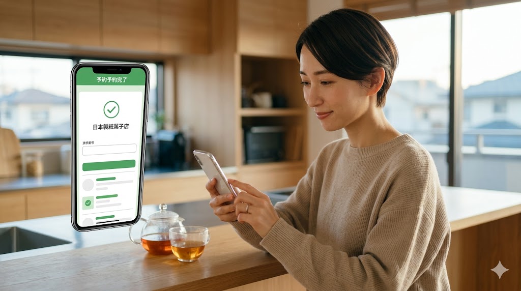自宅のキッチンカウンターで、スマートフォンを使って阿闍梨餅の予約受取サービスを完了させた日本人女性。画面には、予約完了のメッセージが表示されている。