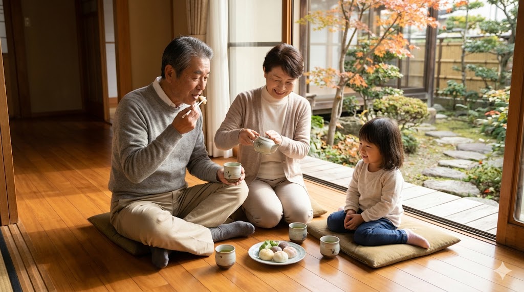 日本の伝統的な家屋で、祖父母と孫が日当たりの良い縁側に座り、一緒に和菓子とお茶を楽しみながら笑顔で団欒している様子。家族の絆と穏やかな時間を表現している。