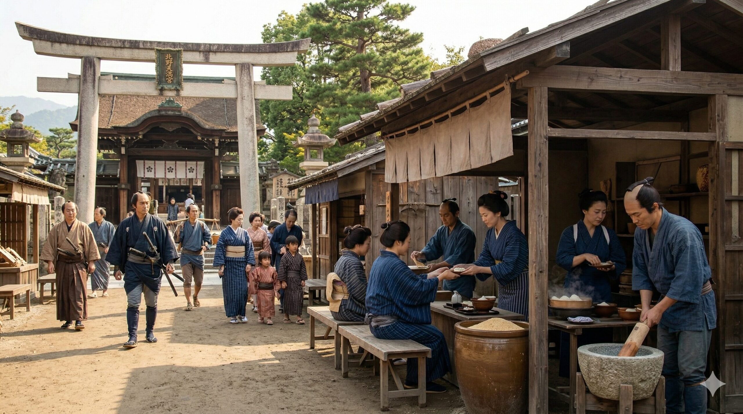 江戸時代の京都の町並みを再現した風景。和服姿の人々が行き交う北野天満宮の参道で、天和2年（1682年）創業当時の「澤屋」のルーツとなる茶店が粟餅を提供している様子。