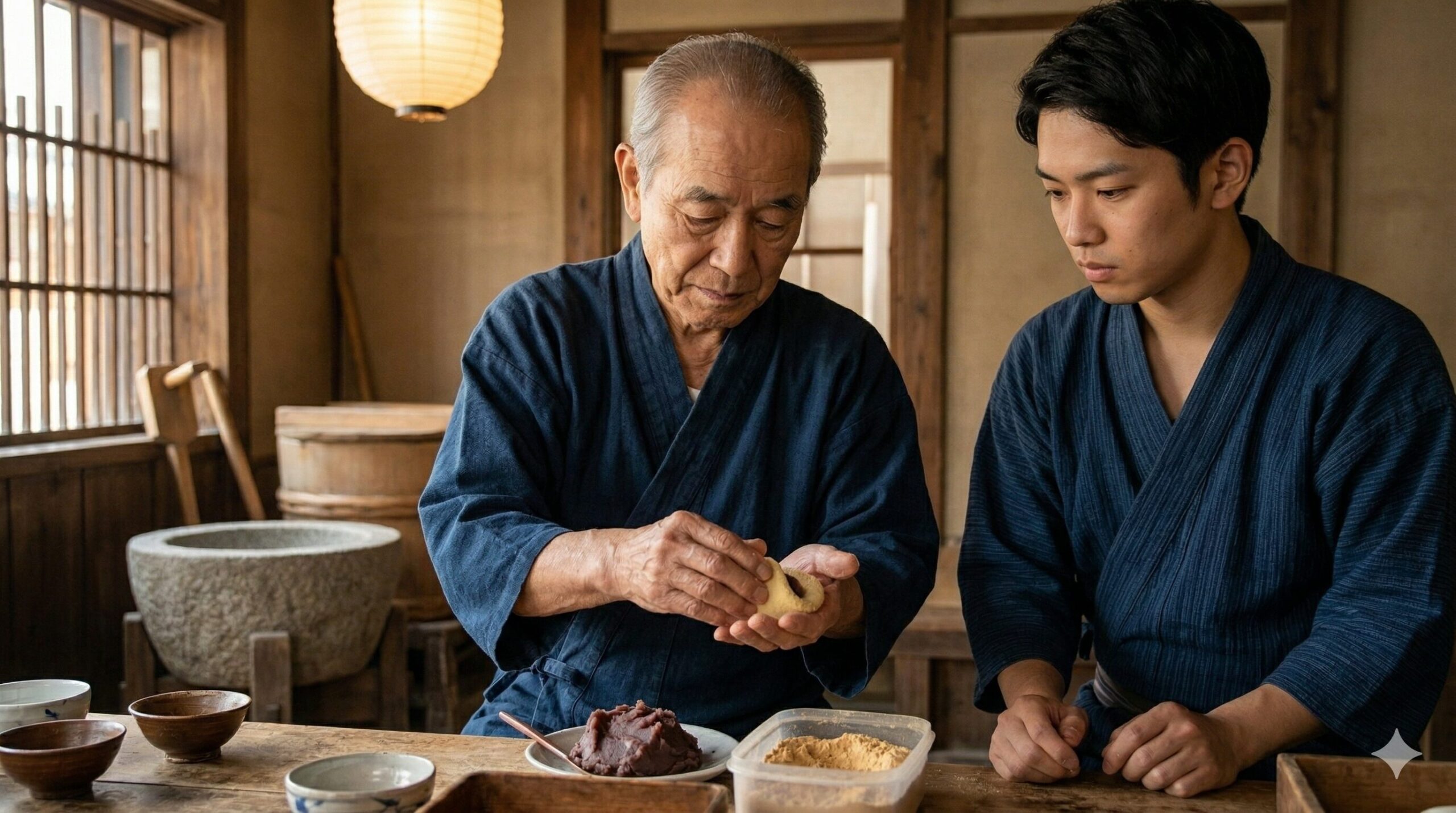 京都の老舗「粟餅所・澤屋」の厨房で、熟練の日本人店主（13代）が、真剣な眼差しで、隣に立つ若い職人（14代予定）に、粟餅を丸める手元の微妙な感覚を伝授している一子相伝の様子。