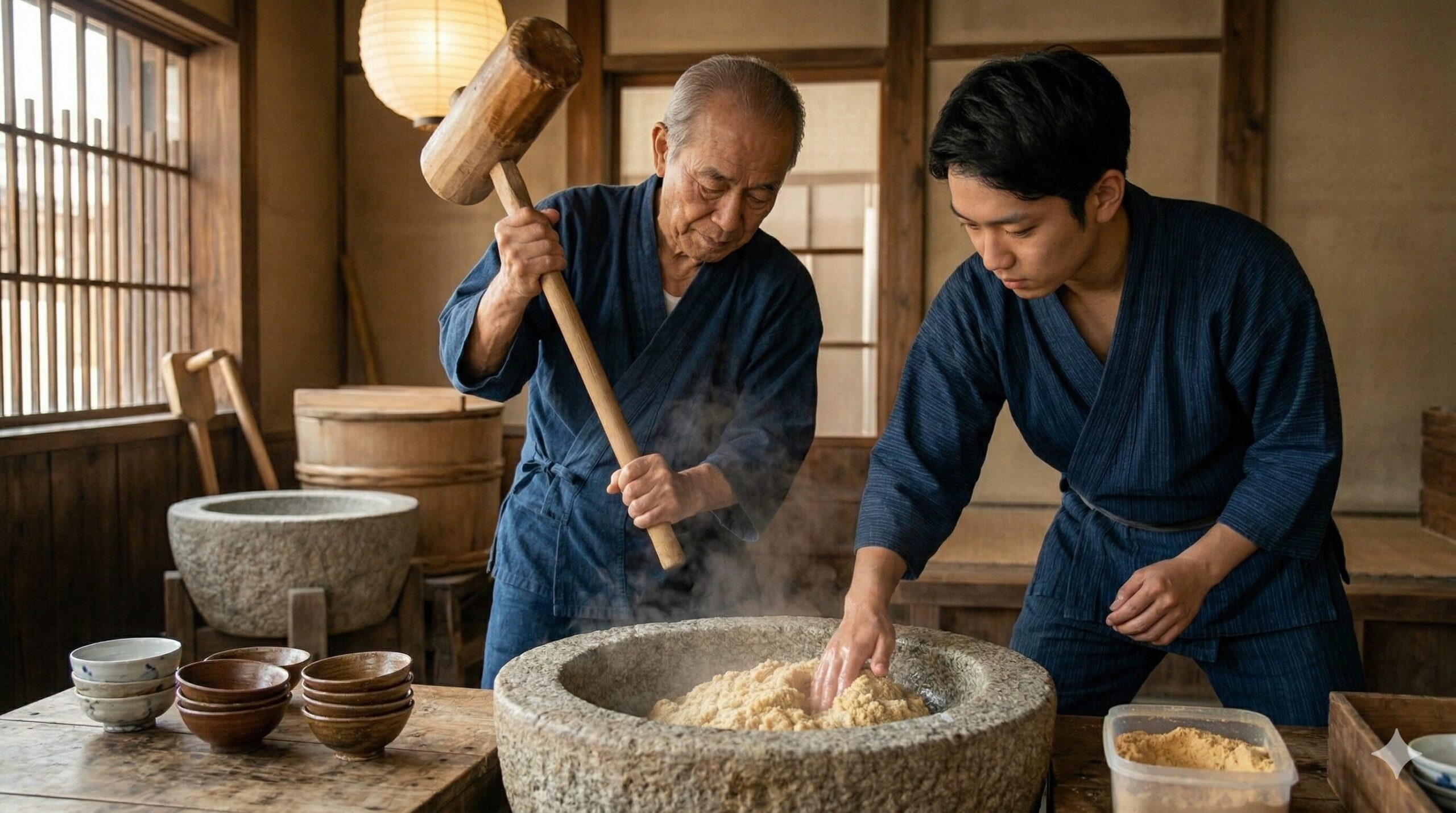 京都の老舗「澤屋」の厨房で、熟練の日本人職人が、湯気の立つ蒸し上がったばかりの粟ともち米を臼に入れ、杵で力強く搗く様子。粟の粒が適度に残る絶妙な加減を見極めている。