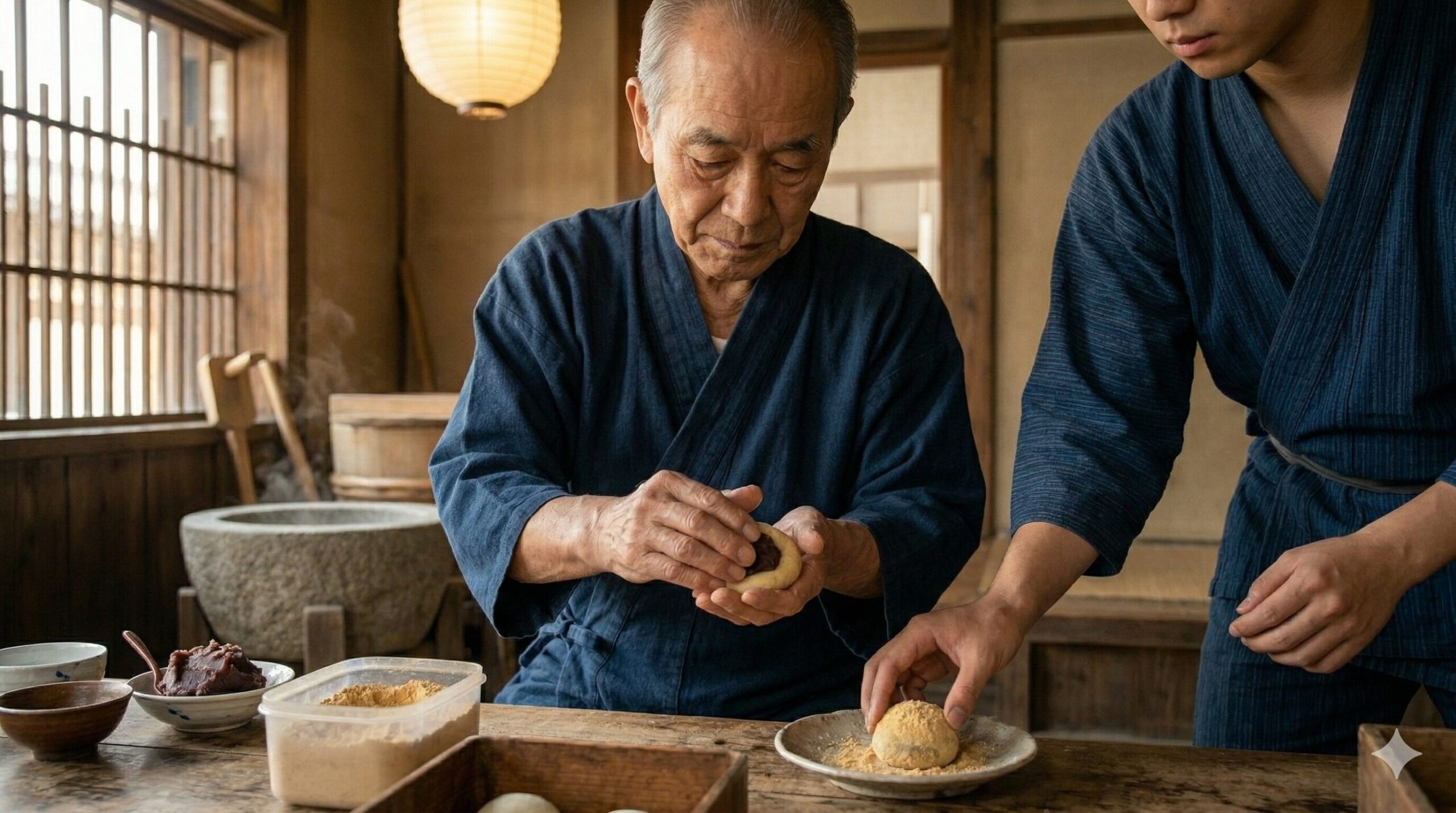 京都の老舗「澤屋」の店内で、注文を受けてから、熟練の日本人職人が、阿吽の呼吸で、つつきの温かい粟餅をちぎり、しっとりとしたあんで包み、香ばしいきな粉をまぶして丸める手元。