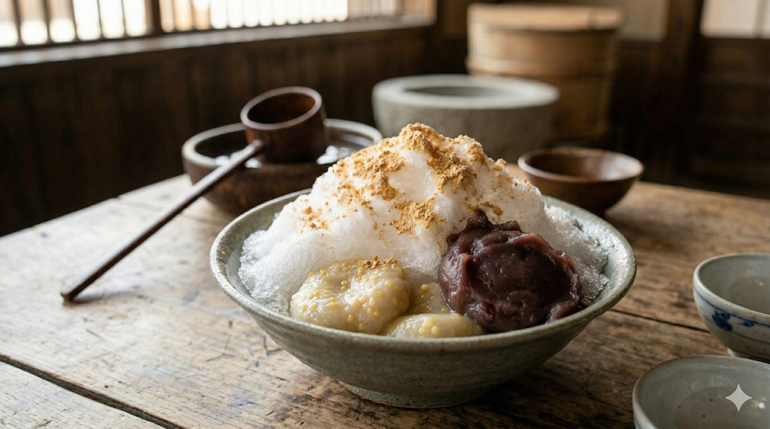 京都の夏、老舗「澤屋」の店内で提供される、夏季限定の「粟餅氷」。純和風の陶器の器に、細かく削られたかき氷が盛られ、上品な甘さのこしあん、香ばしいきな粉、そして氷の中から顔を出す、ぷりぷりとした粟餅2個が添えられている。