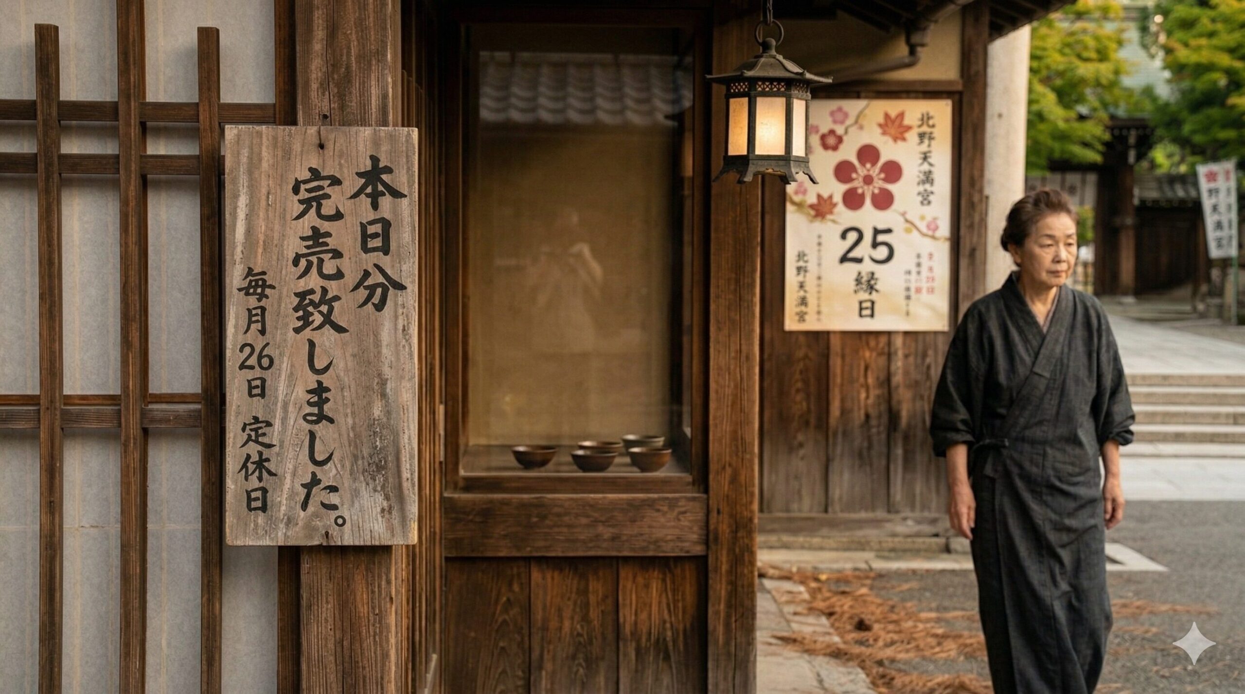 午後の京都、北野天満宮近くにある老舗「粟餅所・澤屋」の店頭。営業時間内にも関わらず、暖簾が下げられ、木製の看板に「本日分完売」と手書きで書かれた紙が貼られている様子。