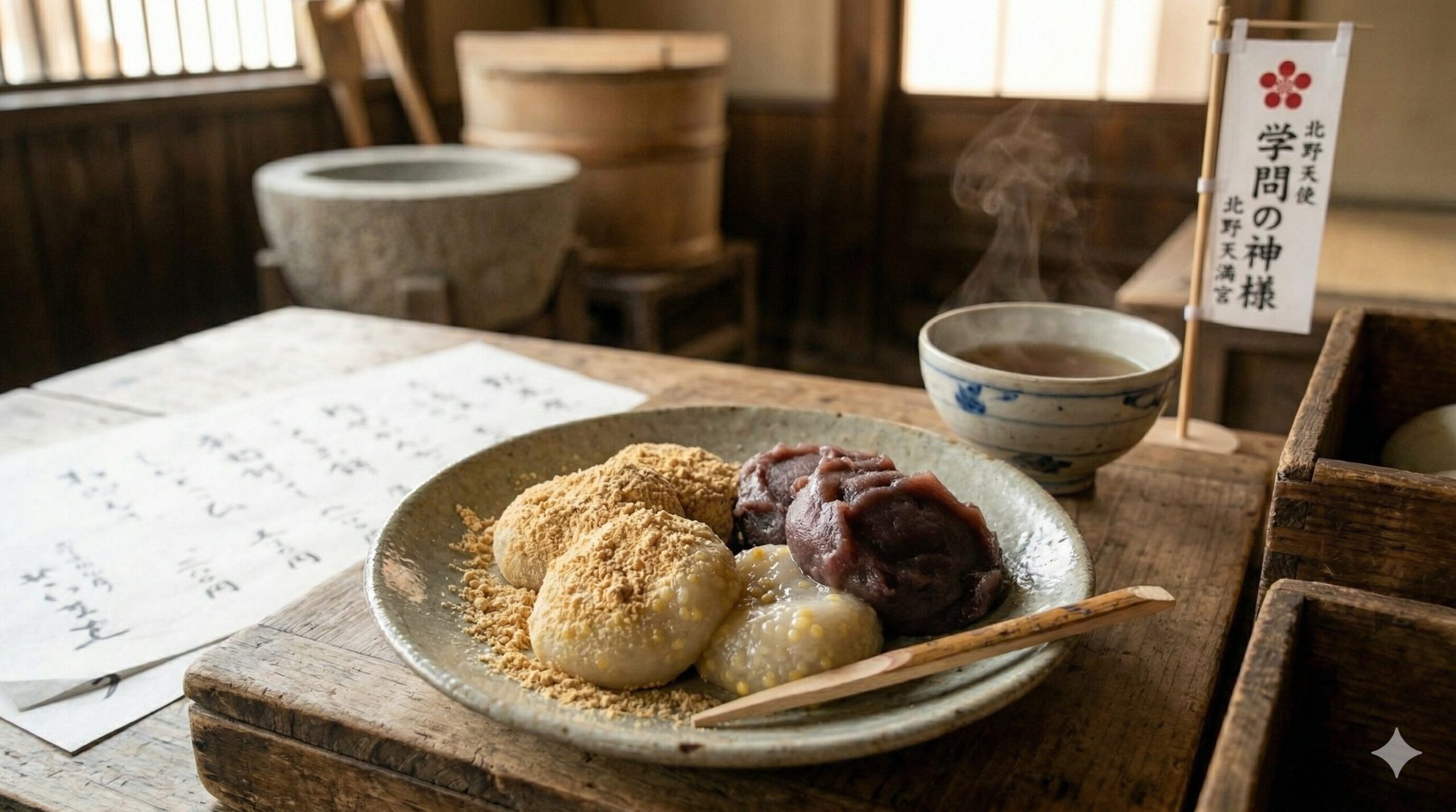 京都の老舗「澤屋」の店内メニューである紅梅と白梅。お茶と共に運ばれてきた出来立ての粟餅の様子。
