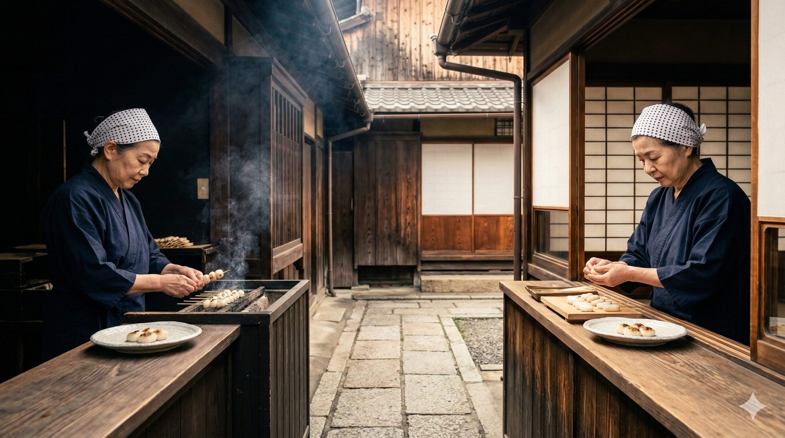 今宮神社参道で向かい合う、創業千年の「一文字屋和輔」と創業四百年の「かざりや」。両店の職人があぶり餅を焼く様子と、異なる味わいのあぶり餅を並べた、食べ比べの醍醐味を伝える光景