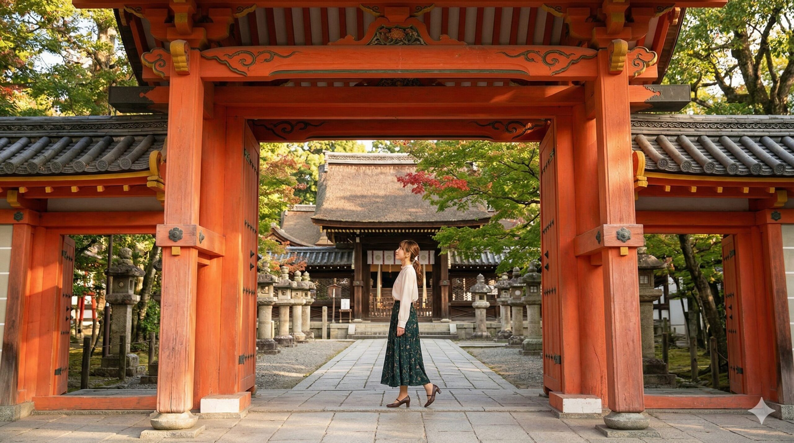 京都の今宮神社の境内. 朱色の楼門が美しく、徳川綱吉の生母・桂昌院（お玉さん）ゆかりの「玉の輿神社」として知られる由緒ある風景。