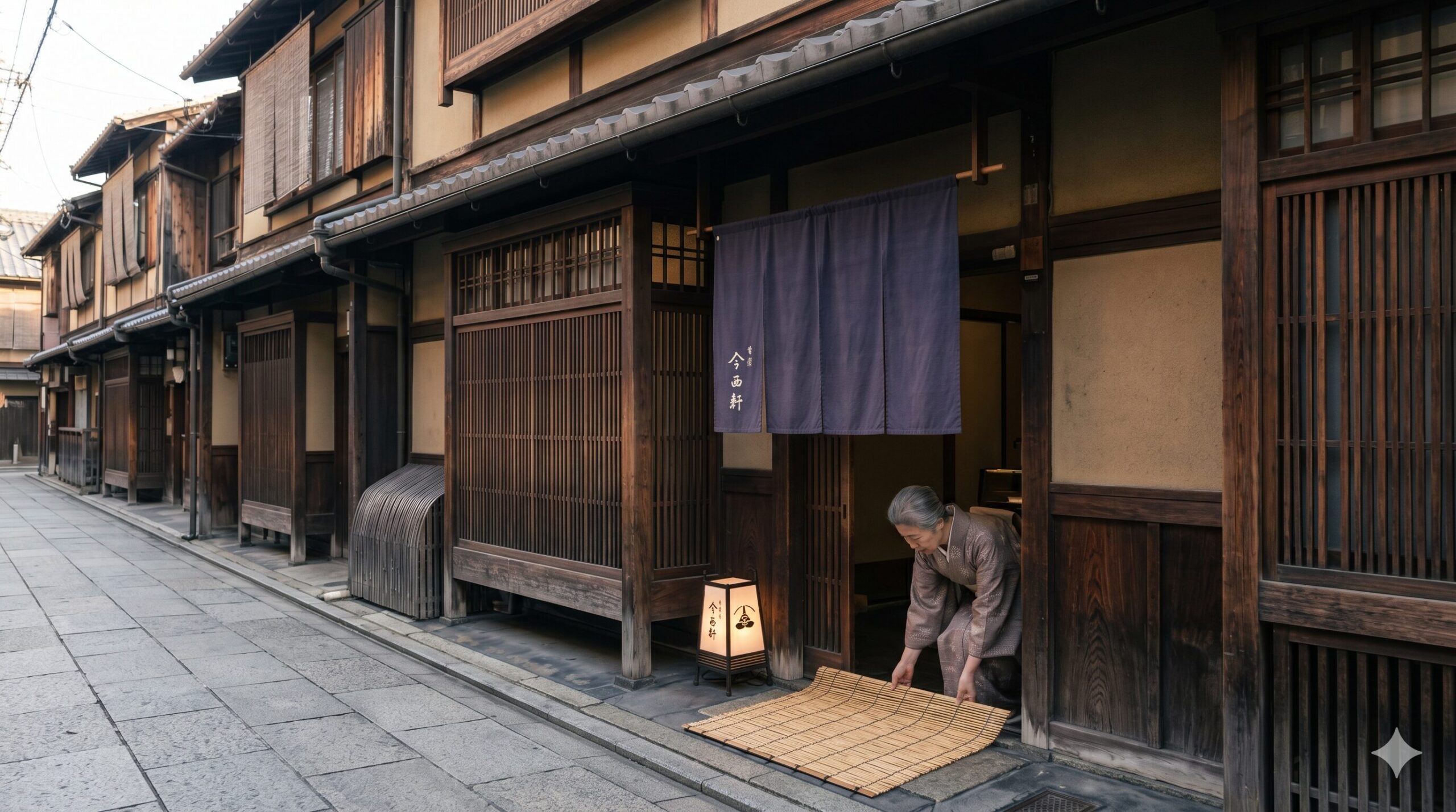 京都の静かな路地に佇む、歴史を感じさせる今西軒のような伝統的な京町家の外観