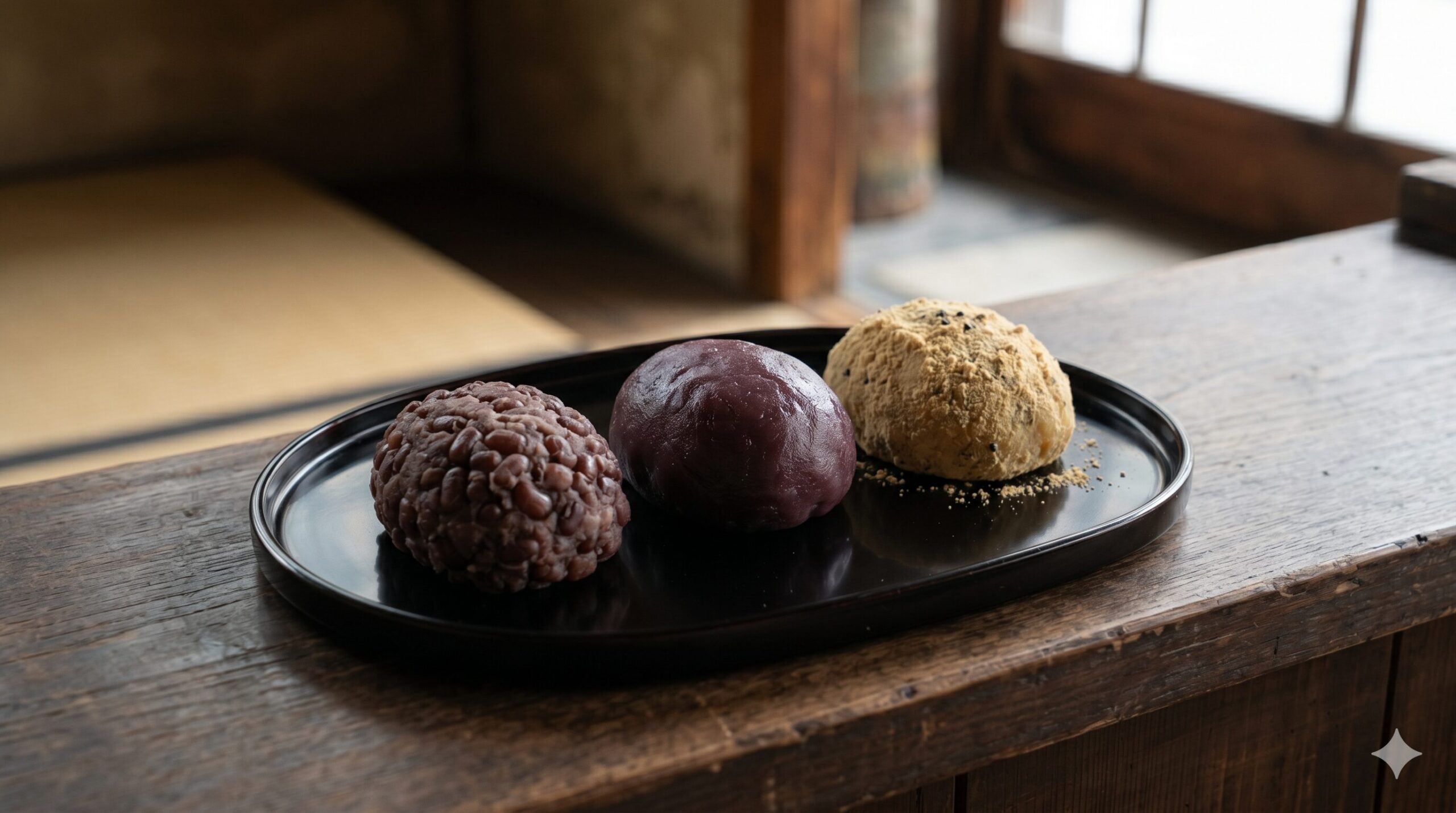 黒い漆塗りの盆に並べられた3種類のおはぎ。つぶあん、こしあん、そしてきな粉がたっぷりとかかったもの。