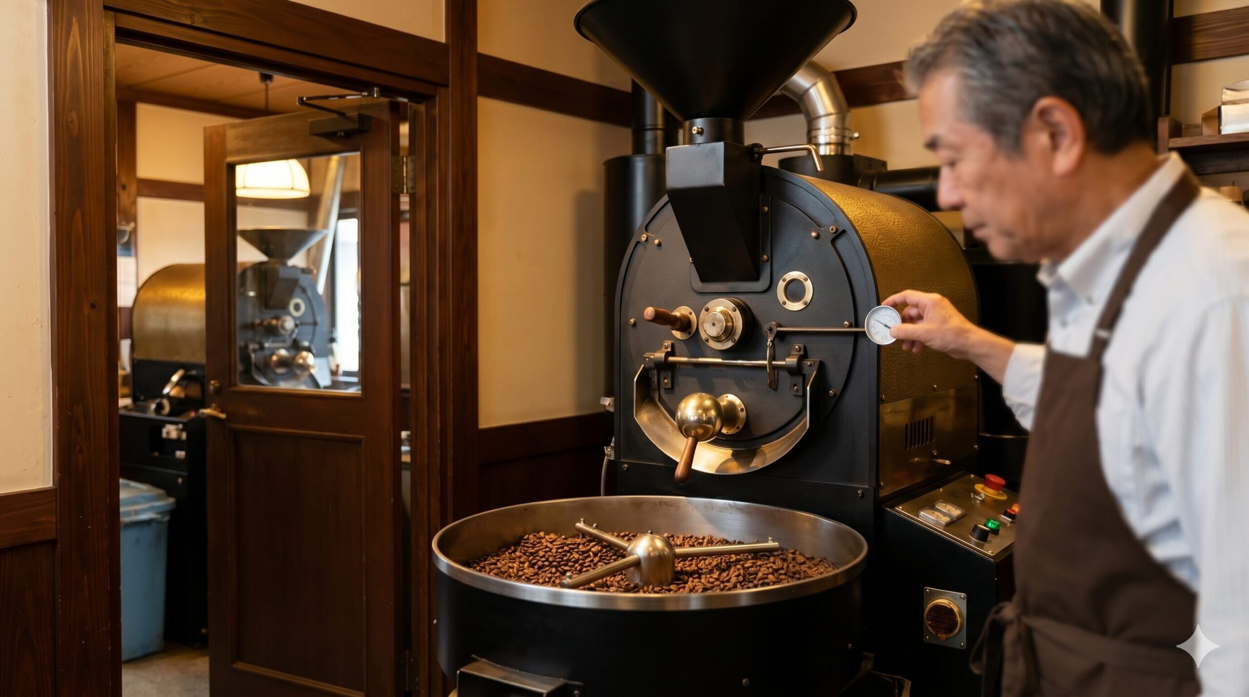 スマート珈琲店の入り口に設置された伝統的なドイツ製コーヒー焙煎機と自家焙煎の風景