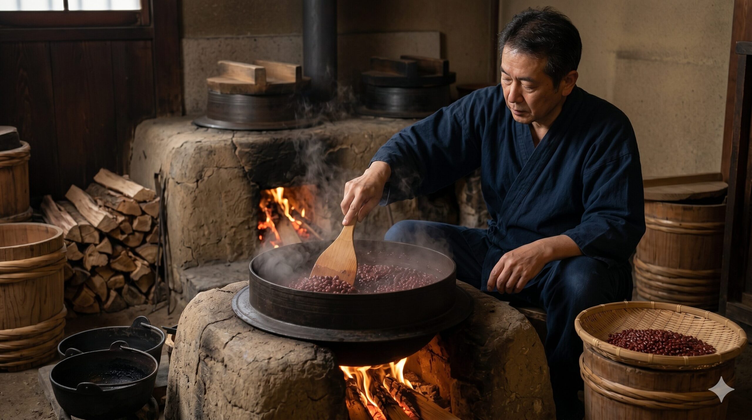 昔ながらの石造りのかまど（おくどさん）で、大きな釜から湯気が立ち上り、職人が小豆を丁寧に炊いている様子。