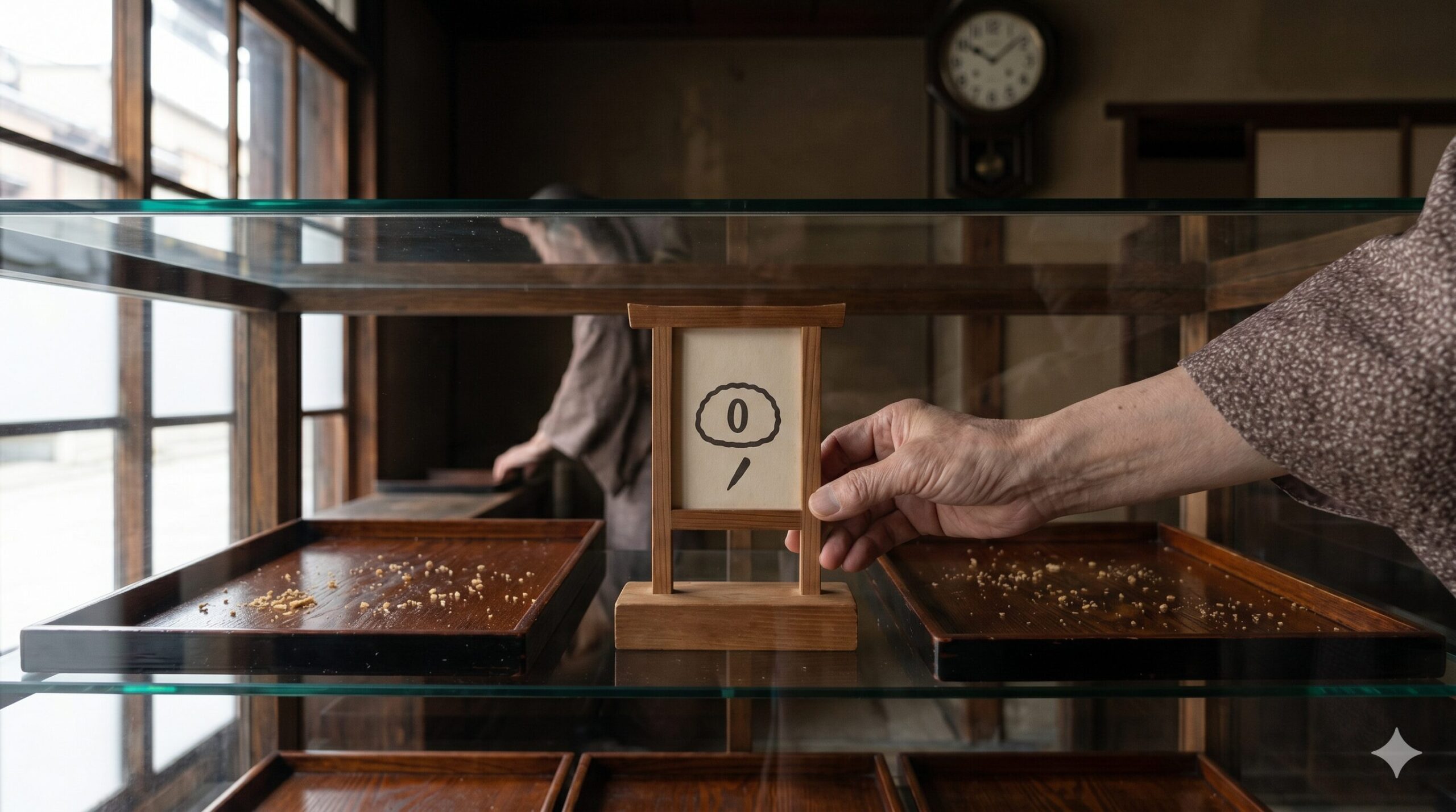 完売御礼。空になった今西軒のショーケースに置かれた「完売」を意味する木札と調整する職人の手。