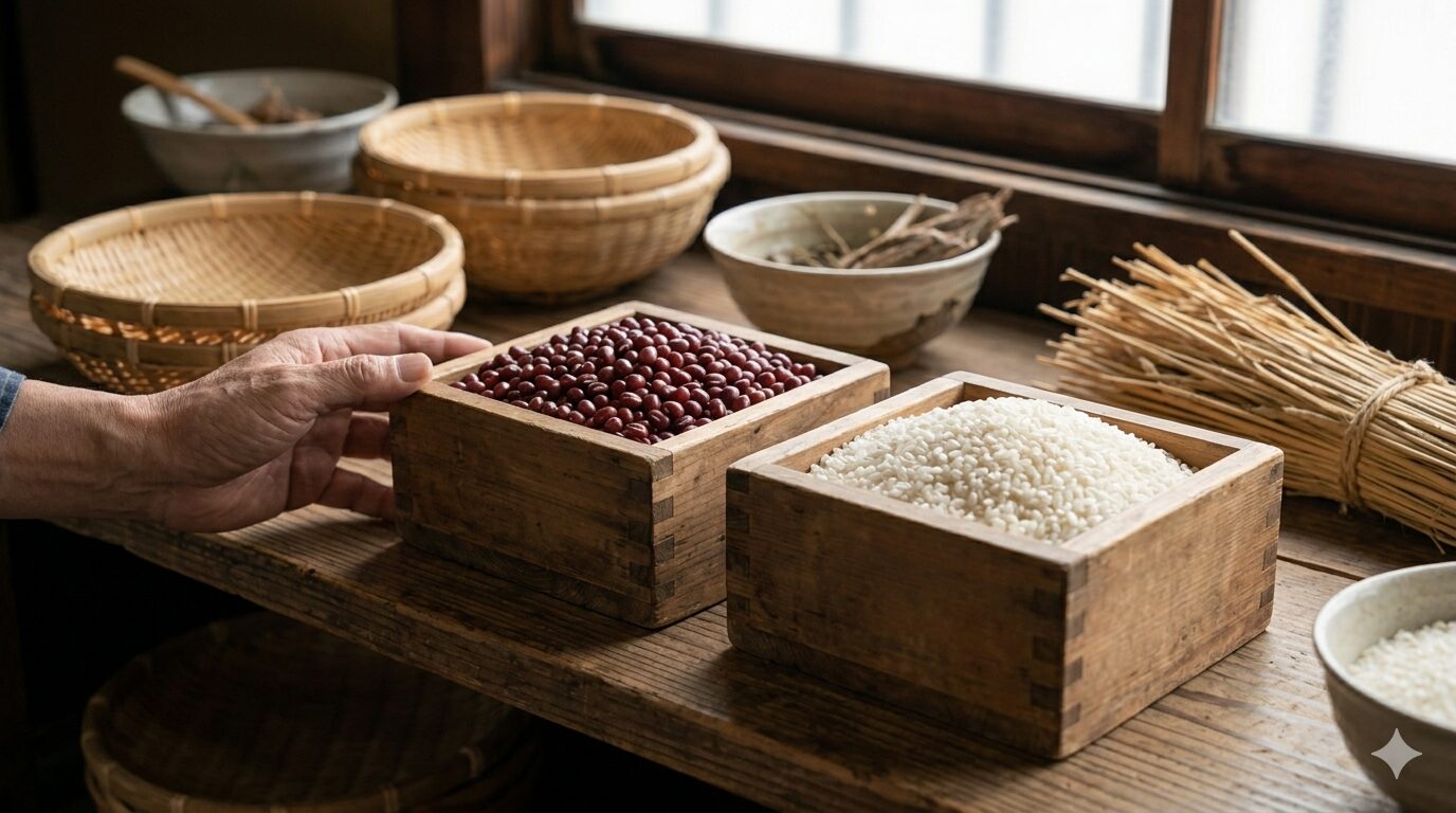 今西軒のおはぎを支える、厳選された北海道産小豆（エリモショウズ）と滋賀県産もち米（羽二重糯）