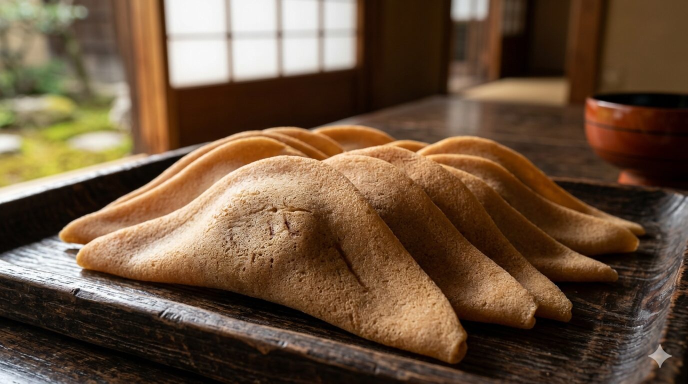 京都の老舗、井筒八ッ橋本舗の伝統的な焼き八ッ橋。琴の胴を模した独特のカーブが描かれている。