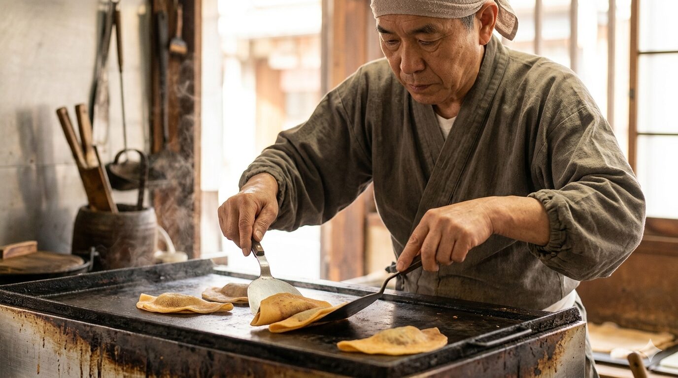 京都の老舗、井筒八ッ橋本舗で、熟練の日本人職人が焼き上げる伝統的な八ッ橋の工程