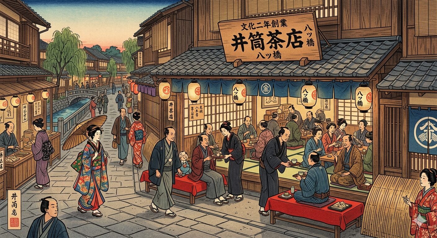 江戸時代の京都祇園で賑わう井筒茶店の様子、井筒八ッ橋本舗の創業の原点。