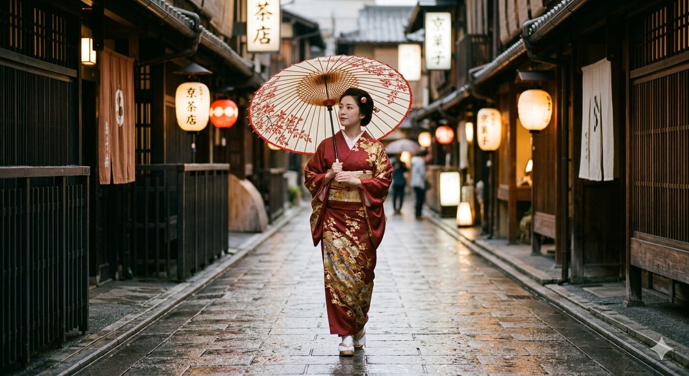 京都の雨景に佇む、和傘を差した叙情的な日本人の女性