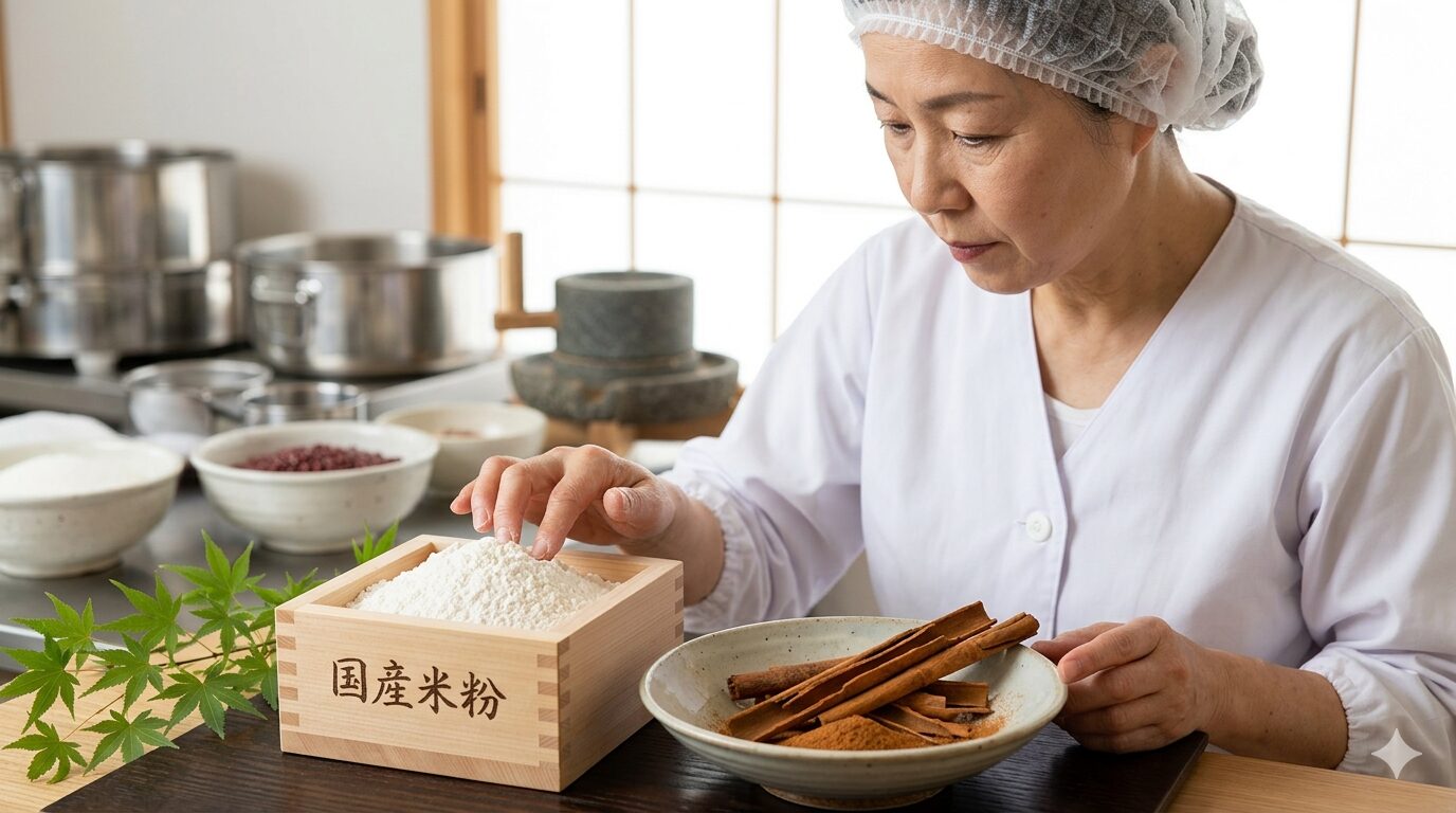 京都の老舗、井筒八ッ橋本舗で、熟練の日本人職人が厳選した国産米粉と最高品質のニッキを丁寧に検査する工程