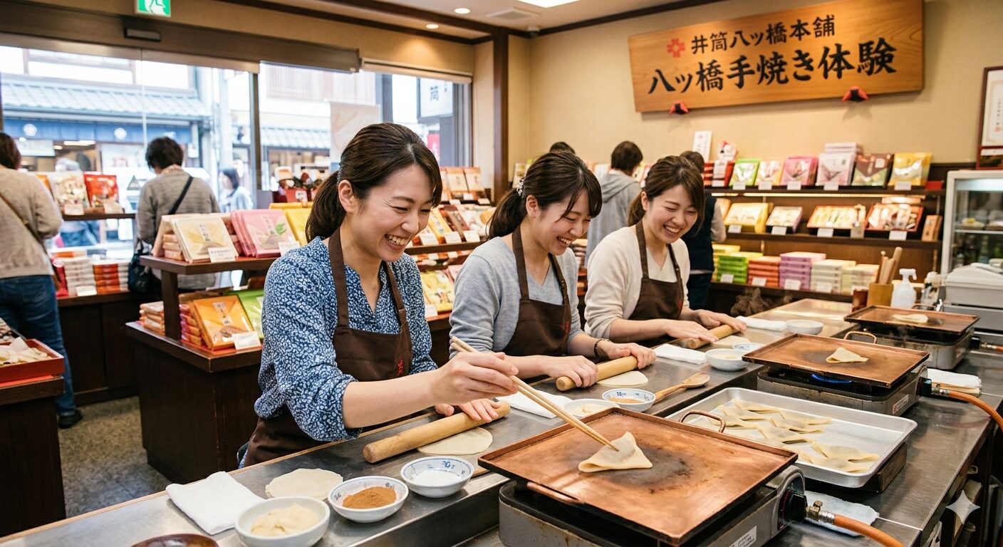 京都の京極一番街にある井筒八ッ橋本舗での八ッ橋手焼き体験の様子。