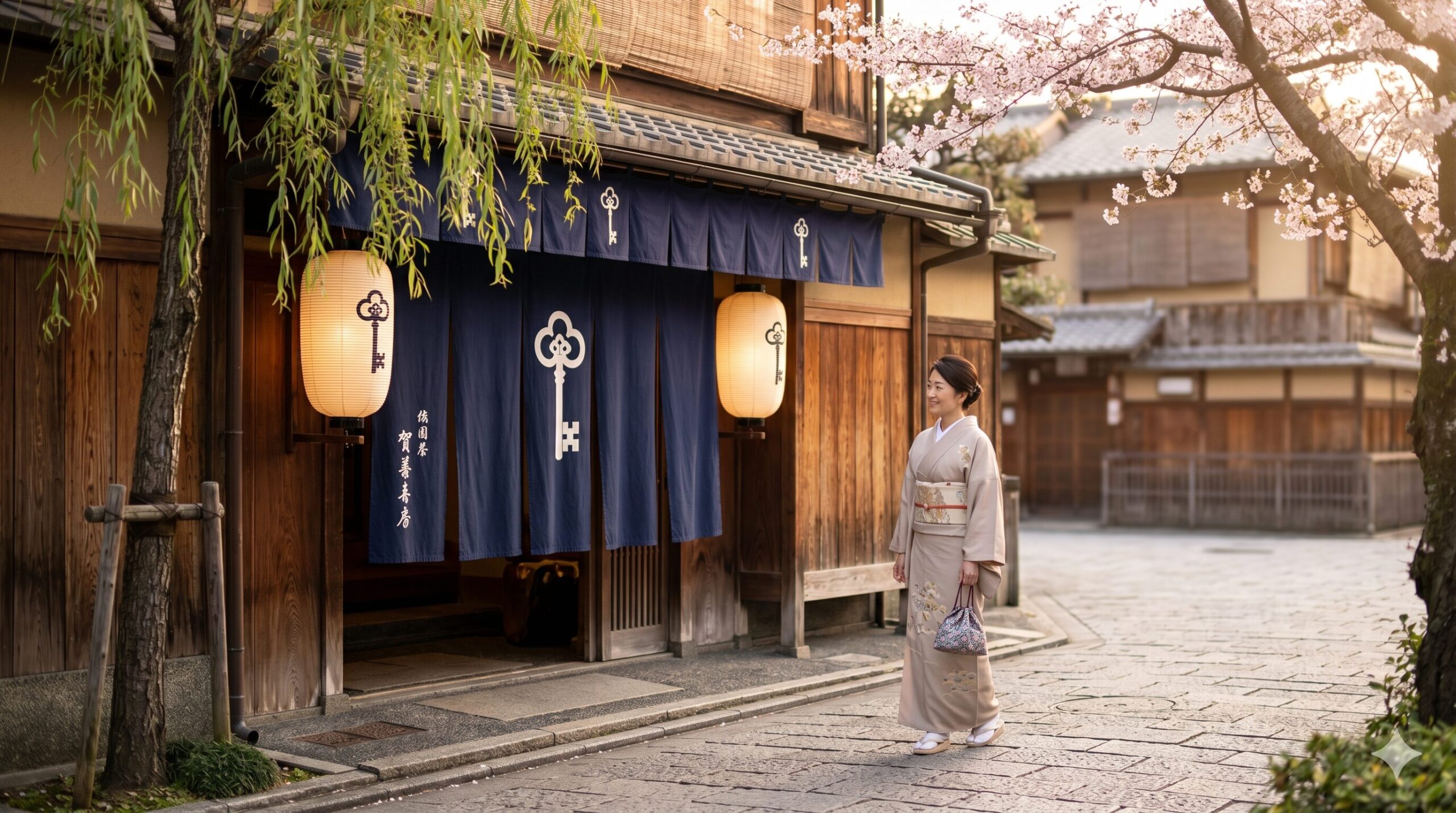 京都・祇園にある老舗和菓子店「鍵善良房」の歴史ある暖簾と、風情ある佇まいの石畳を歩く着物姿の日本人女性。