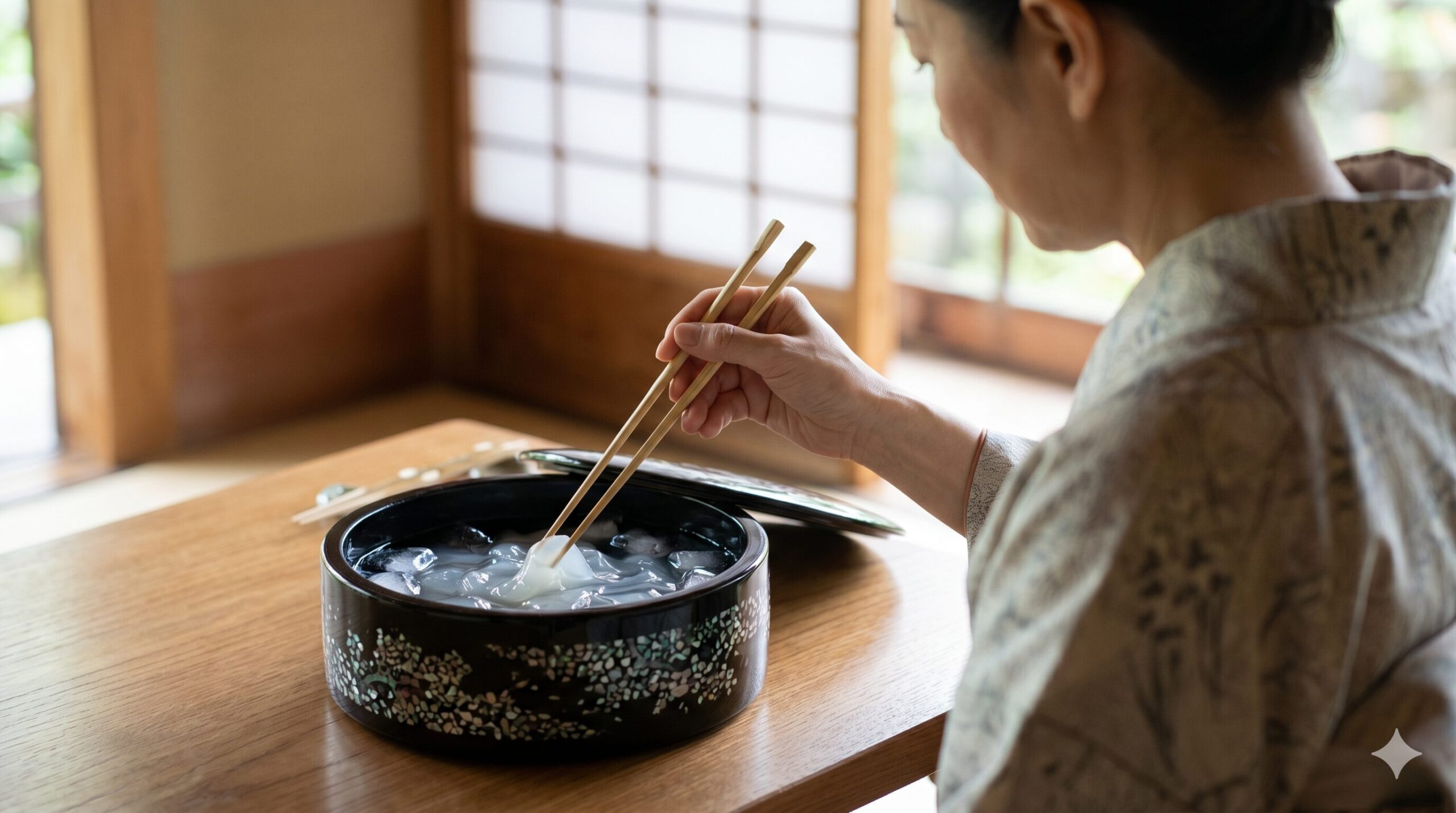 螺鈿細工が美しい黒漆器に盛られた、透明感のあるくずきり。箸で持ち上げようとする上品な着物姿の日本人女性の手元。