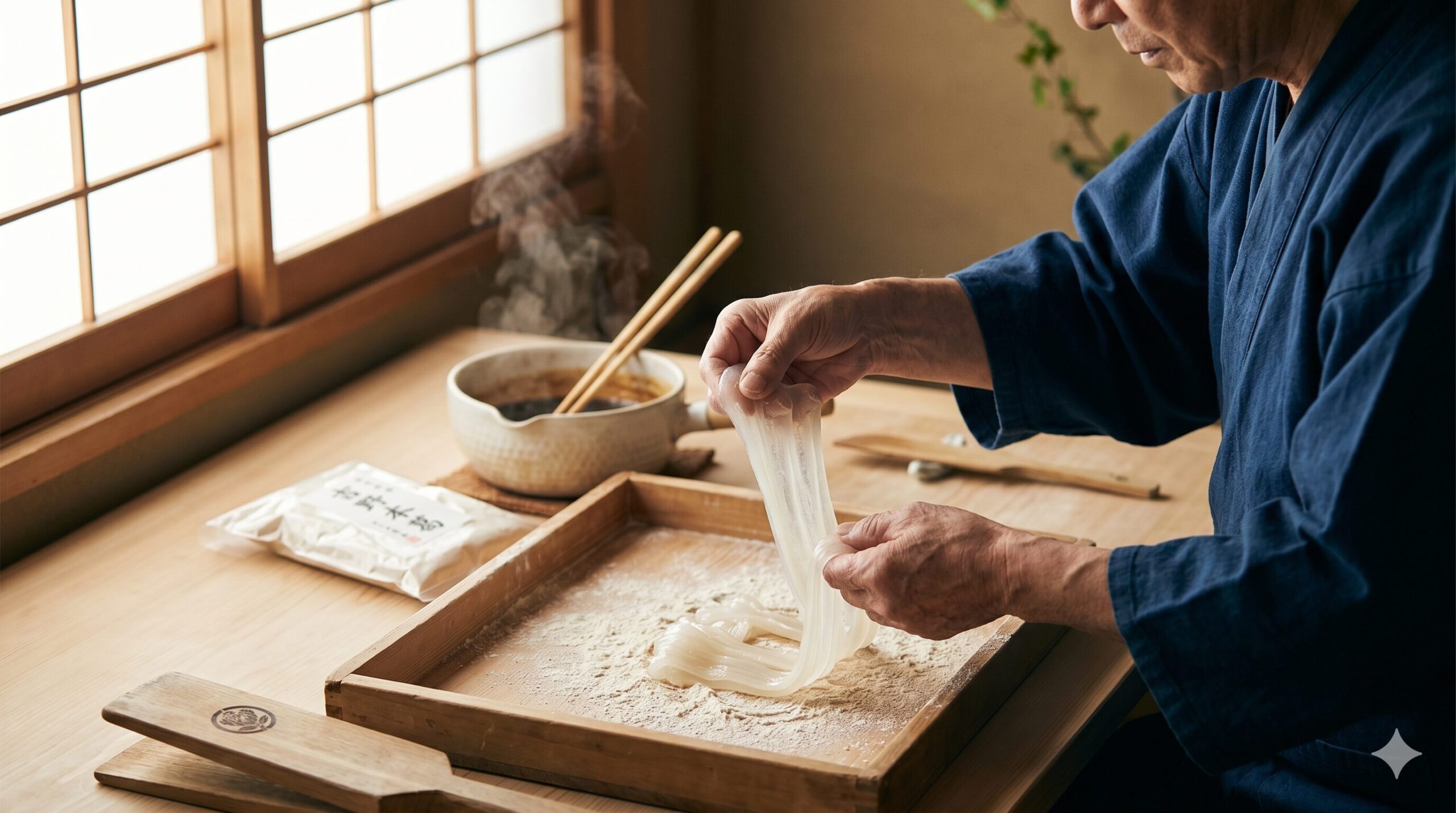 吉野本葛と黒糖を使い、伝統的な手法で丁寧に和菓子を作る熟練の日本人職人の手元。素材へのこだわりと技術。