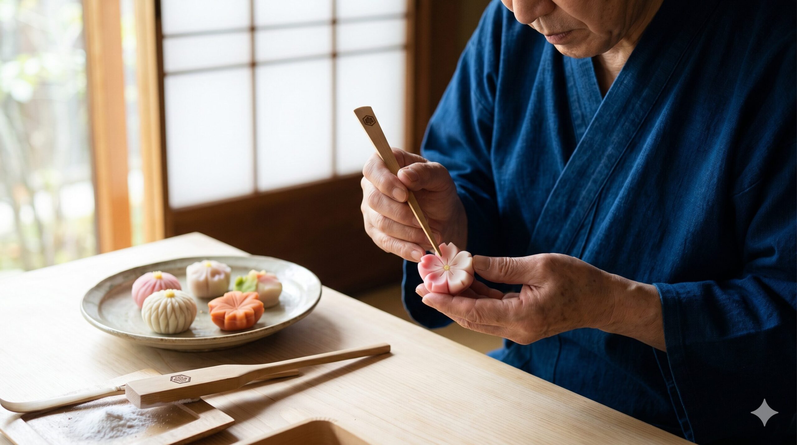 京都の老舗和菓子店で、季節の上生菓子（桜）を専用の道具で丁寧に形作る日本人職人の手元。繊細な技術と美しさ。