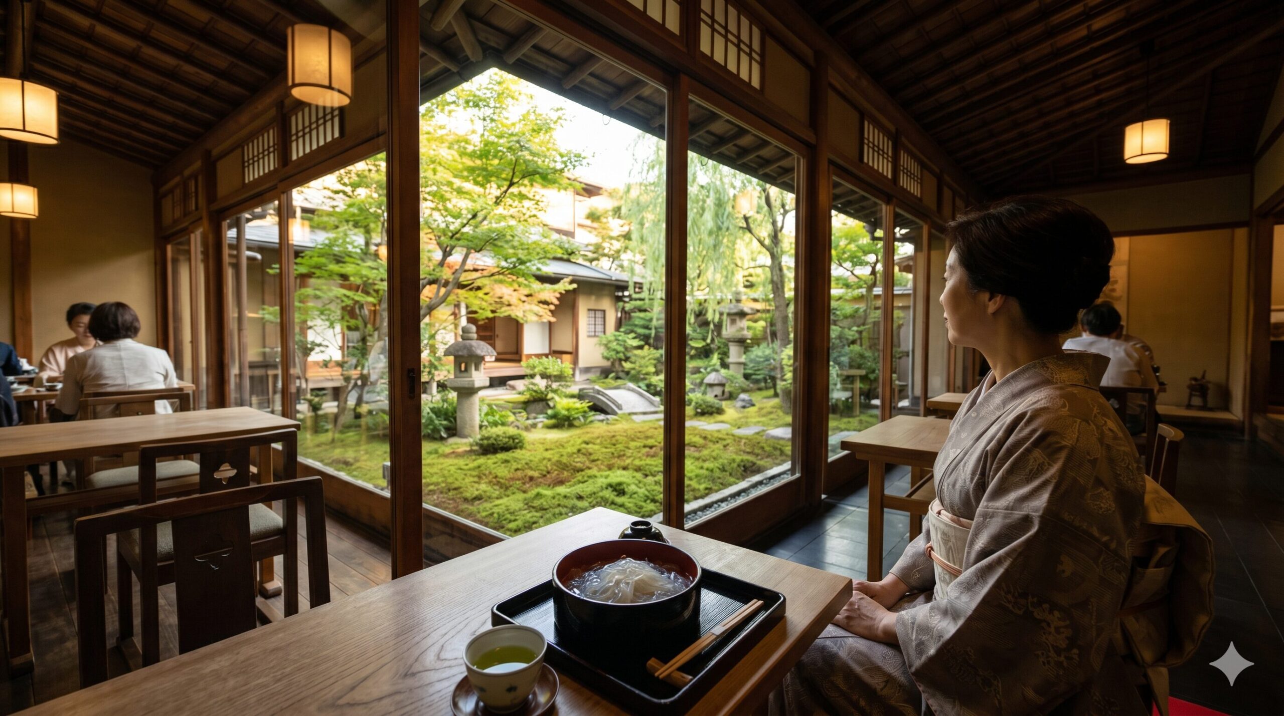 京都・祇園の「鍵善良房」四条本店喫茶室で、手入れの行き届いた中庭を眺めながらくずきりを味わう着物姿の日本人女性。至福のひととき。