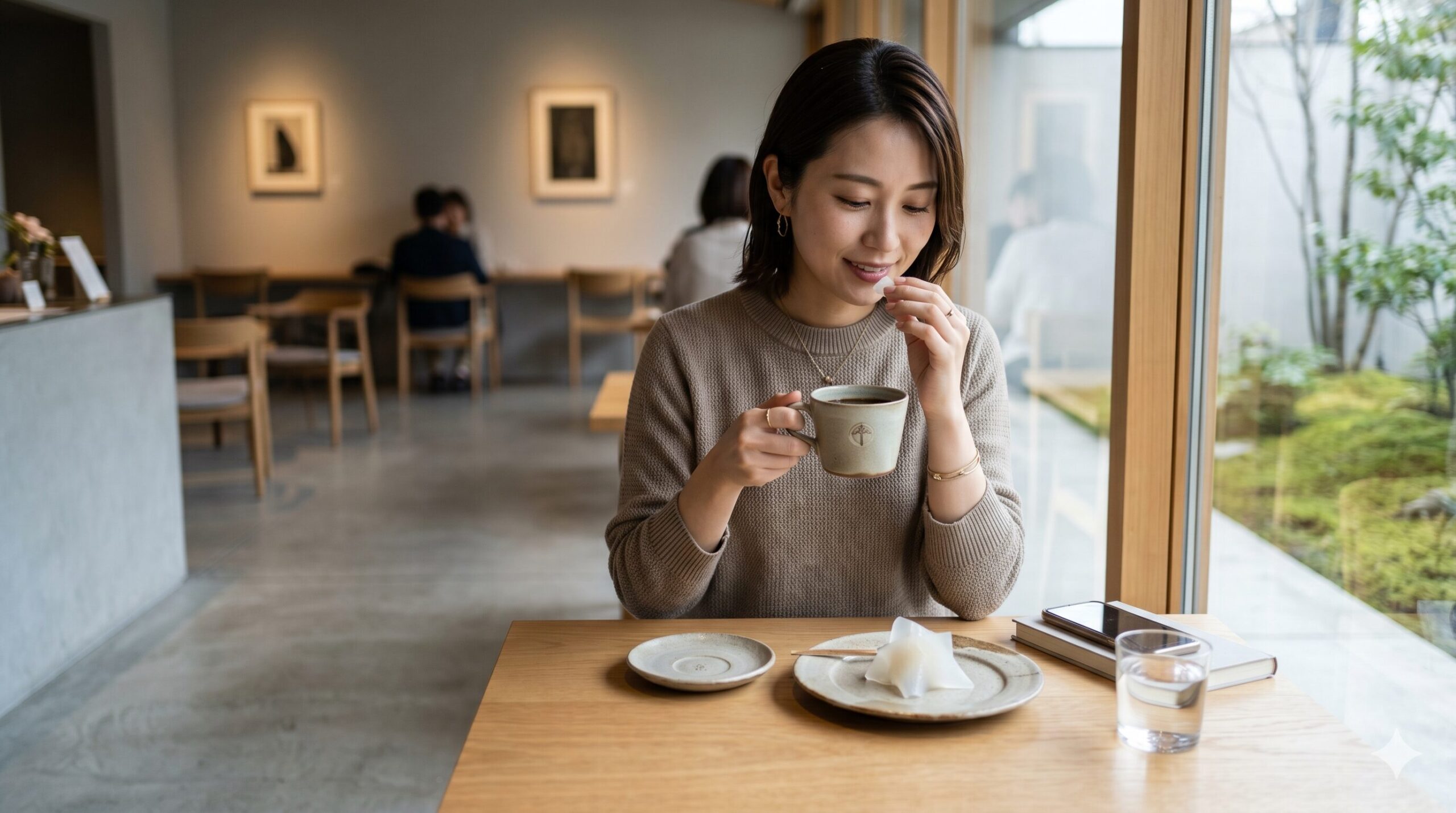 京都の「ZEN CAFE」で、モダンなデザインの和菓子とコーヒーのペアリングを楽しむ、現代的な装いの日本人女性。洗練された隠れ家空間。