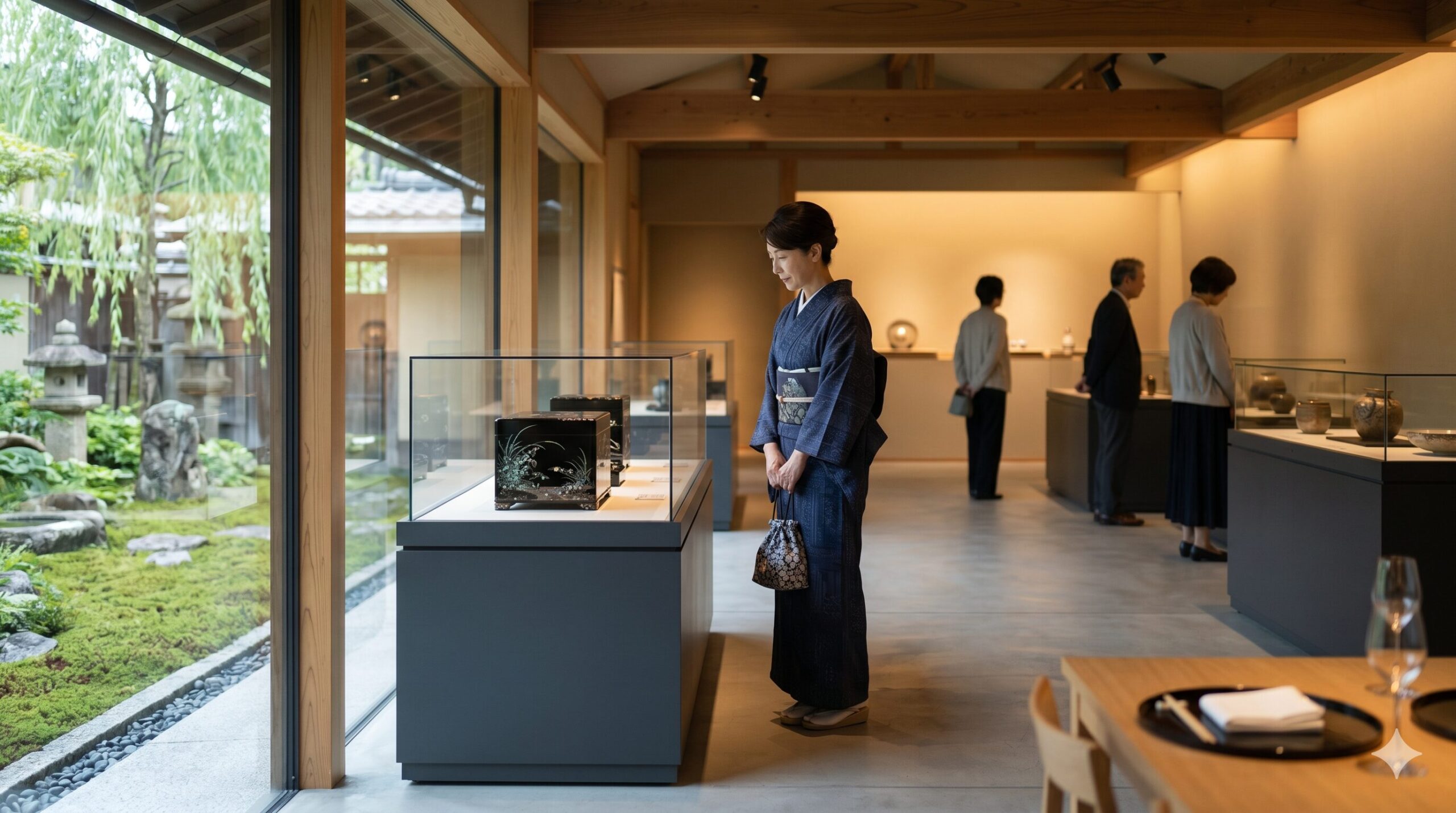 京都・祇園の「ZENBI -鍵善良房- 美術館」で、黒田辰秋の螺鈿工芸品を熱心に鑑賞する着物姿の日本人女性。工芸文化との触れ合い。