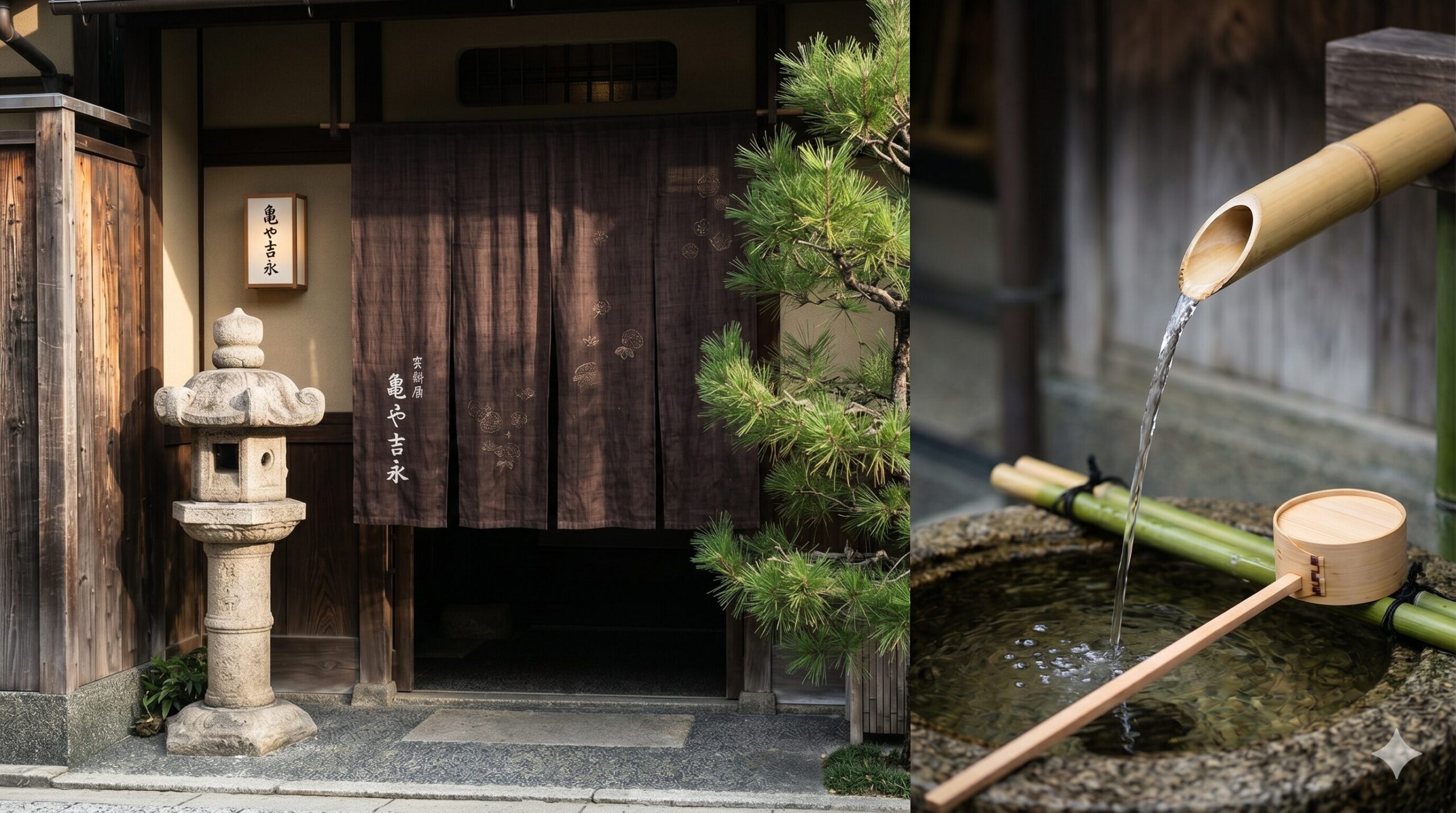 京都の老舗和菓子店「亀屋良長」本店の趣ある入り口と、横に湧き出る名水「醒ヶ井水」の汲み場。