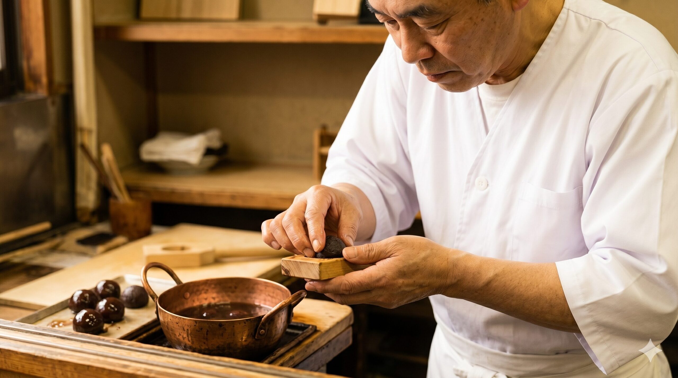 看板商品「烏羽玉」を手作業で仕上げる工程。