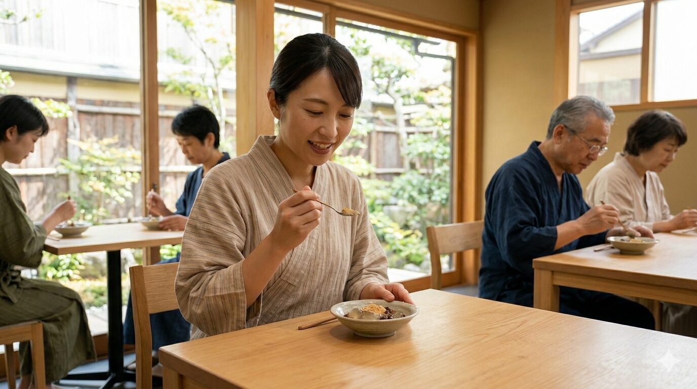本店のモダンな茶房で「わらび大納言」を味わう様子。