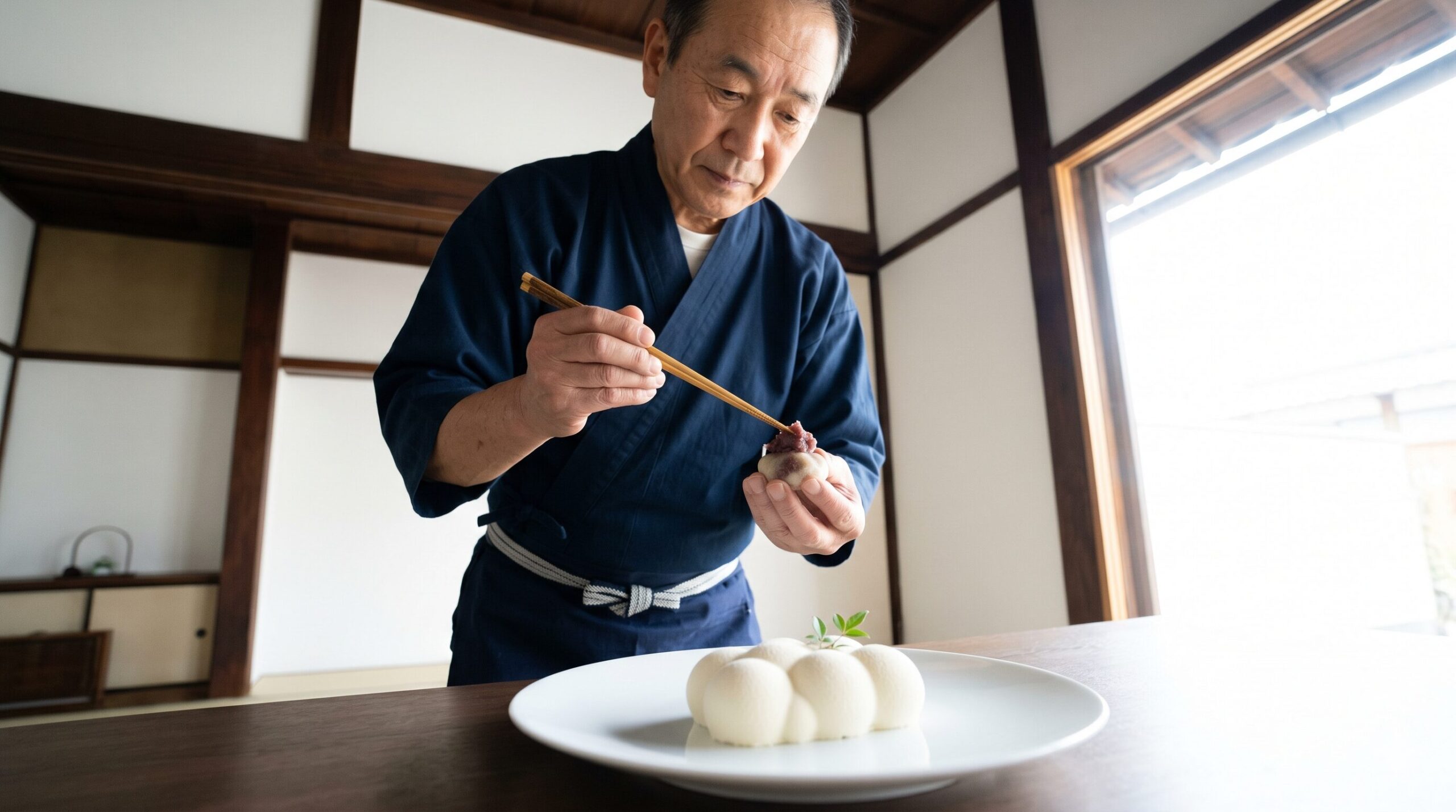 京都の伝統的な建物内で、老舗和菓子職人が「雲ノムース」に繊細な「和」の素材を添える様子