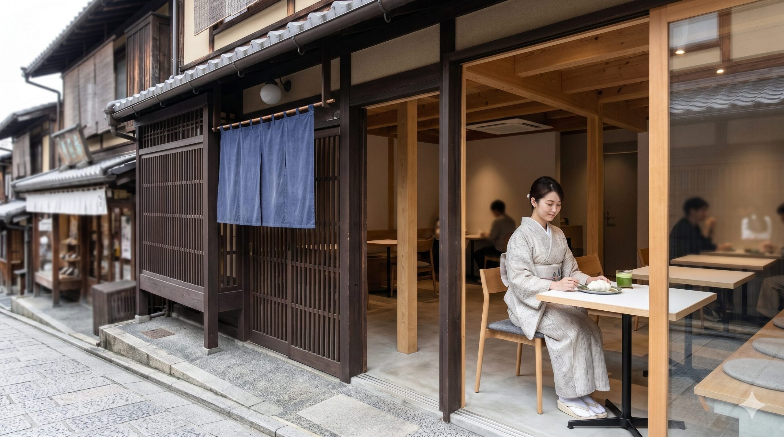 京都・清水三年坂の伝統的な街並みに溶け込む「雲ノ茶カフェ」の和モダンな外観と、着物姿でスイーツを楽しむ女性の様子
