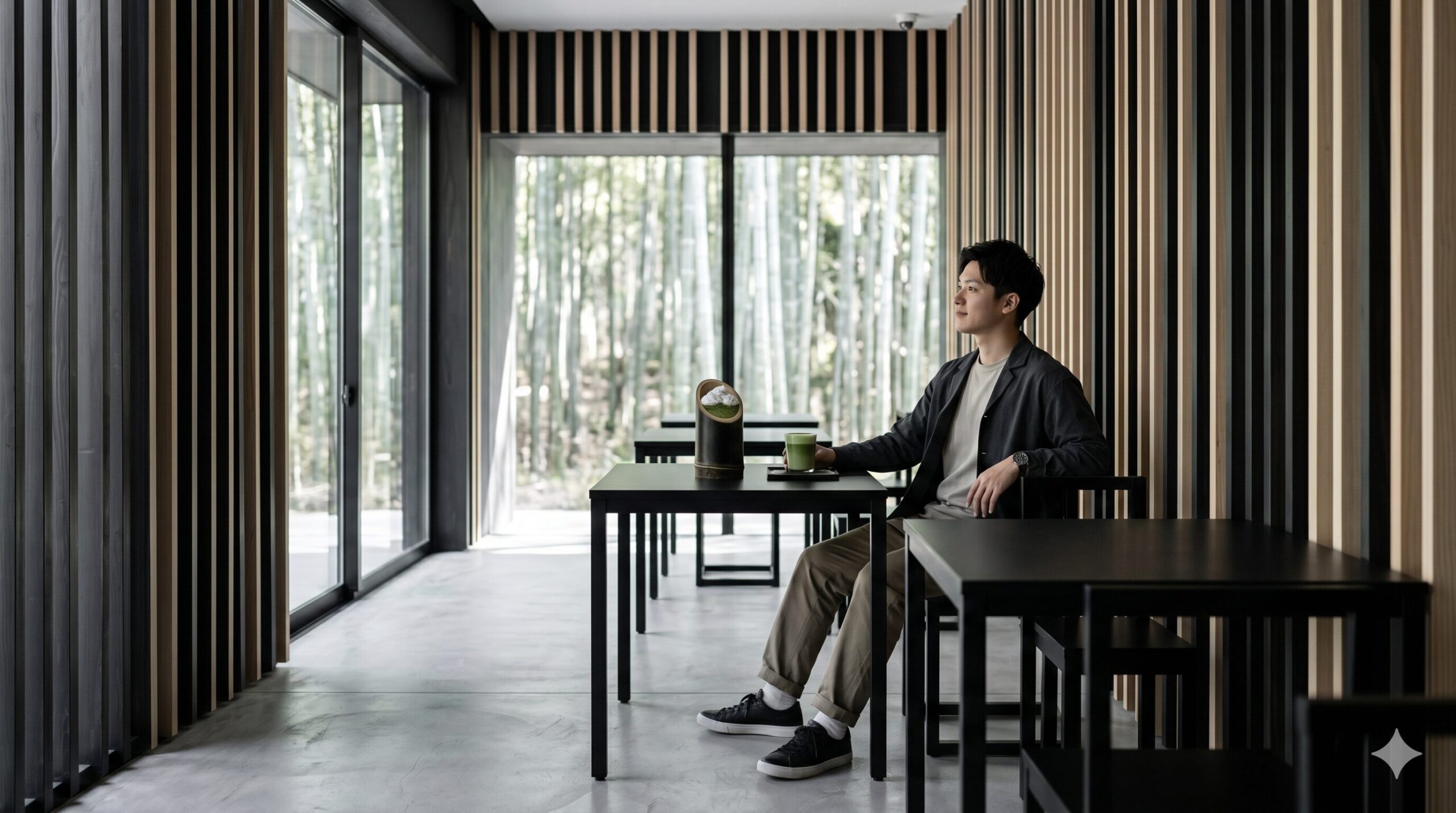 嵐山・竹林をイメージした垂直ラインがスタイリッシュな雲ノ茶嵐山店の内装と、限定メニュー「雲ノ竹ムース」