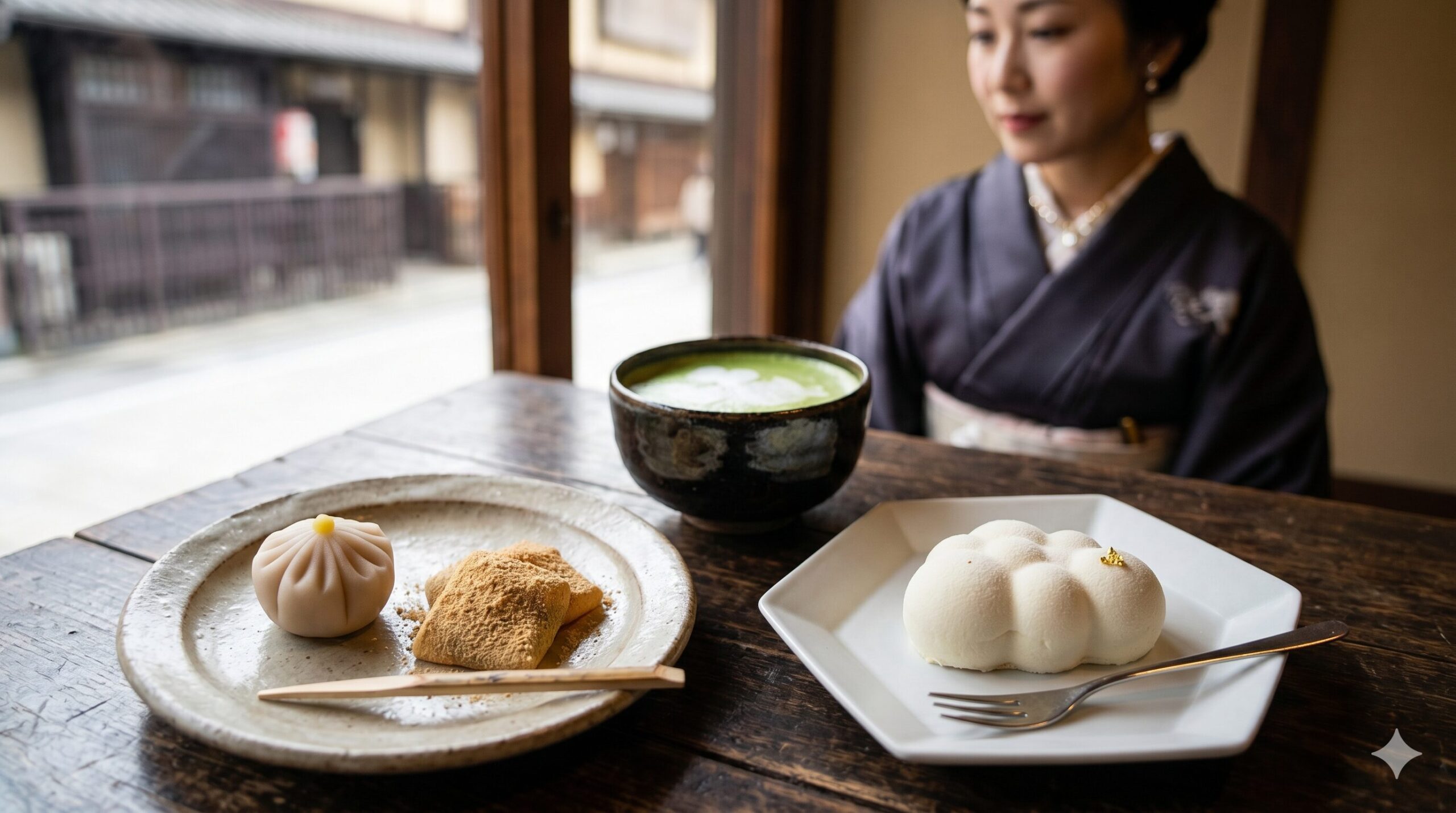 雲ノ茶カフェ祇園八坂店の落ち着いたモダンな空間で、伝統的な生菓子、わらび餅と、現代的な雲ノムースが並ぶ様子