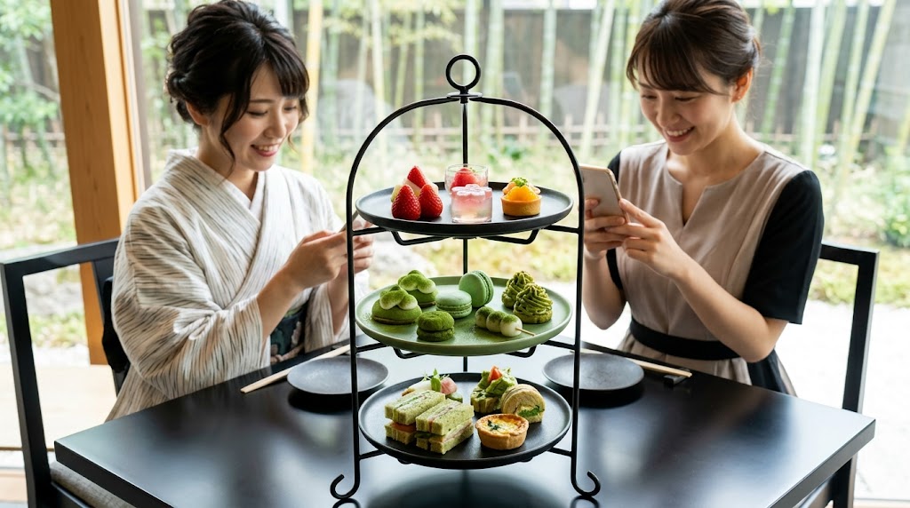 雲ノ茶カフェで、同じ緑色（抹茶）で統一されたアフタヌーンティーセットと、それを撮影する女性たち