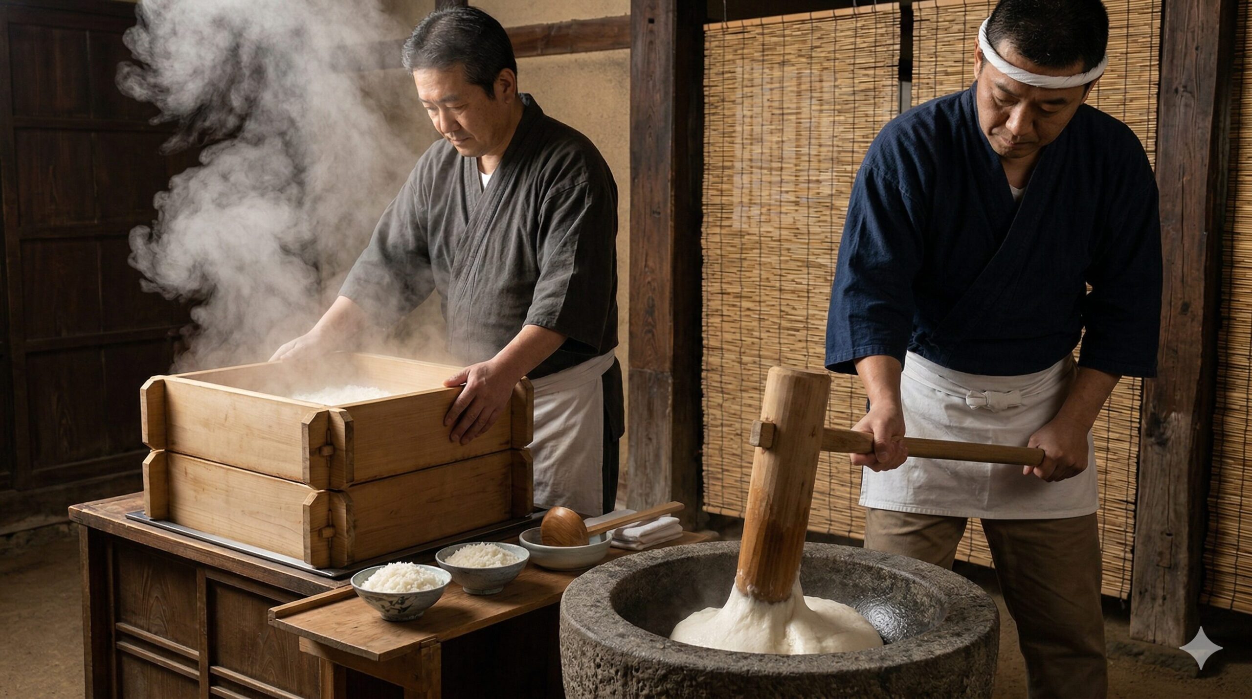 伝統的な和菓子店で、職人が最高級の滋賀県産羽二重もち米を蒸し、臼と杵で丁寧に二度づきして、コシのある真っ白なお餅を作る工程。