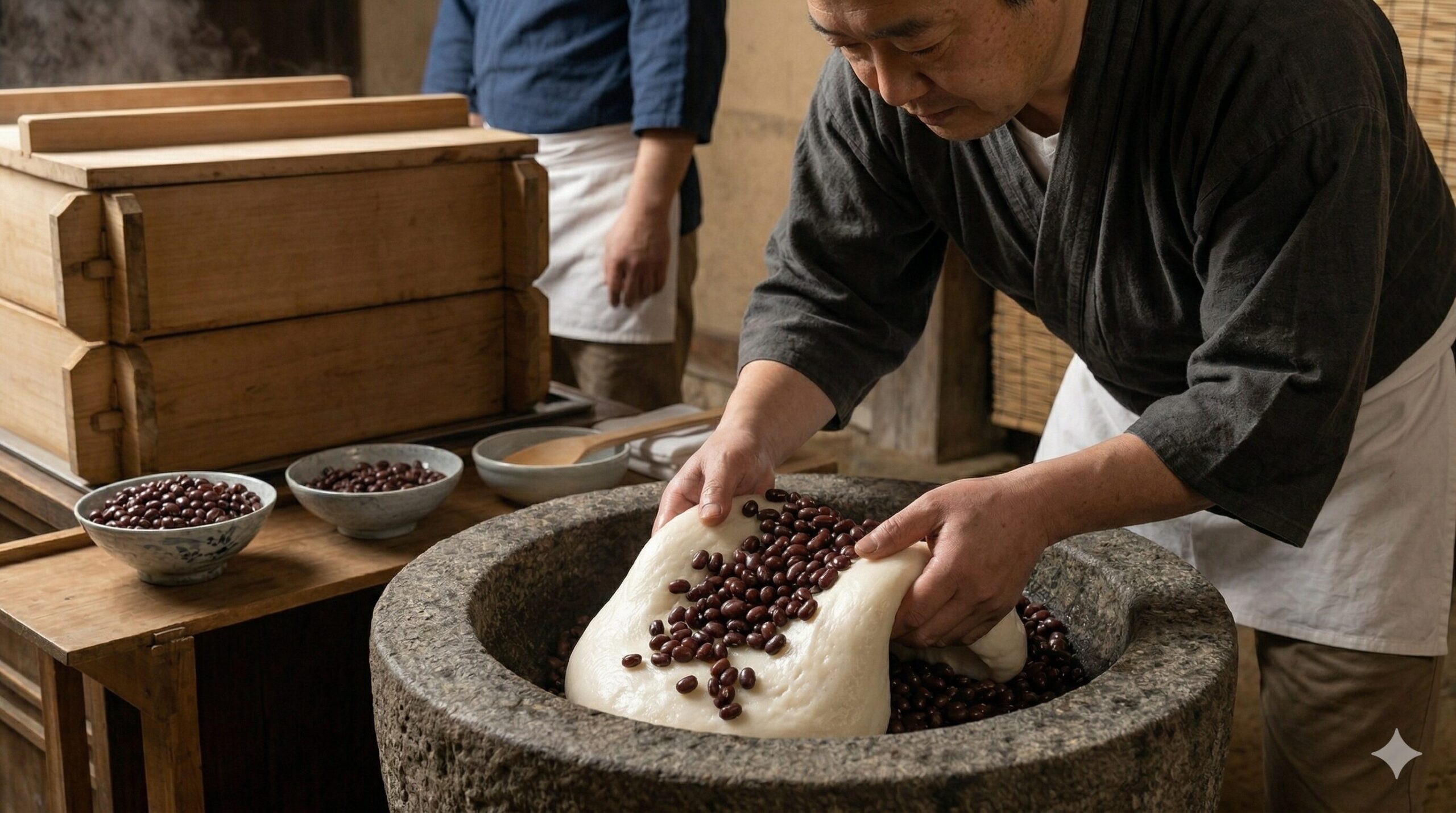京都の和菓子店で、蒸し上がったばかりの大粒で艶やかな北海道産赤えんどう豆が、真っ白なお餅に混ぜ込まれていく様子。