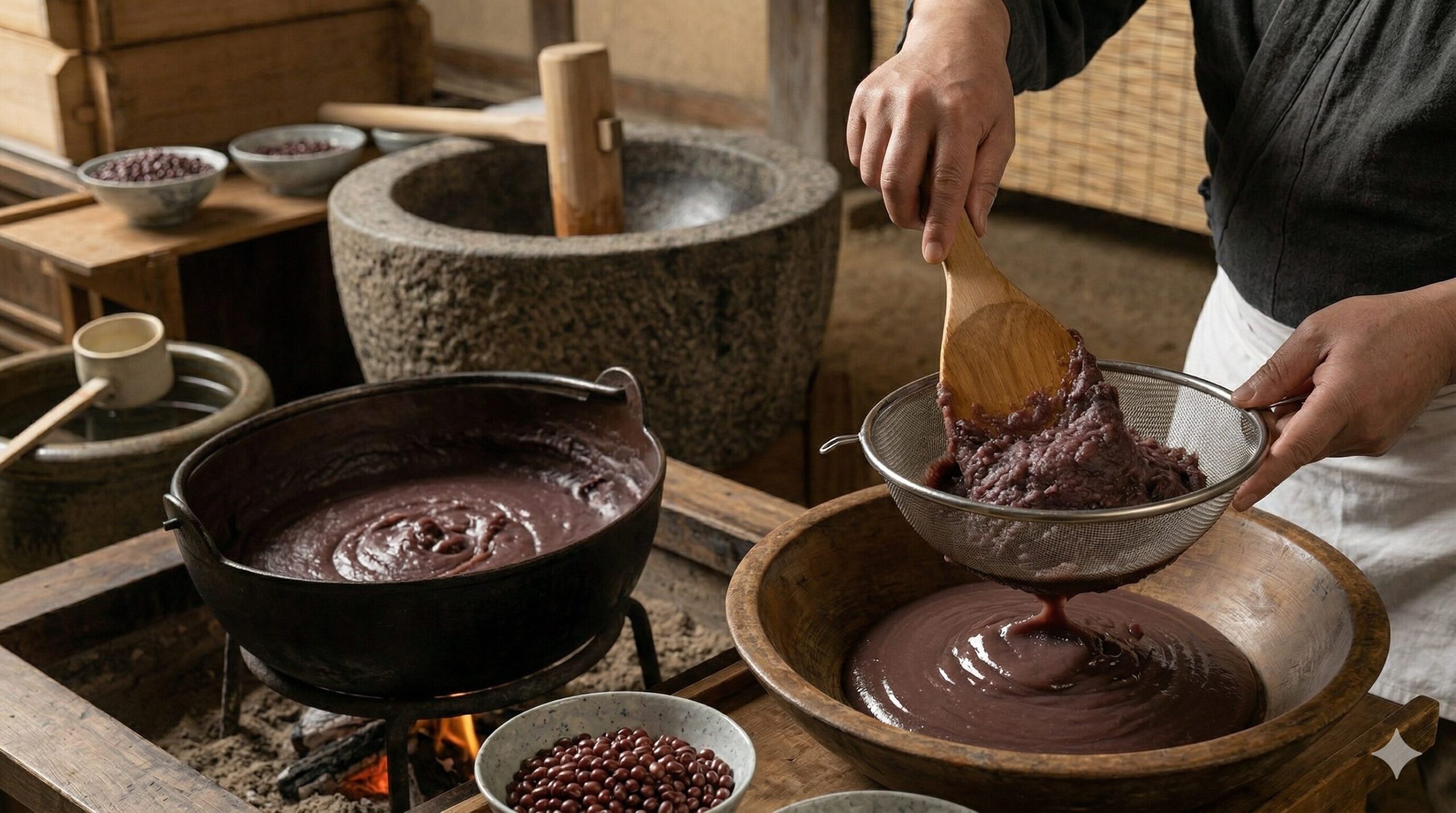 京都の老舗和菓子店の工房で、職人が丹念に炊き上げ、皮を徹底的に取り除いた、絹のように滑らかで光沢のあるこしあん。