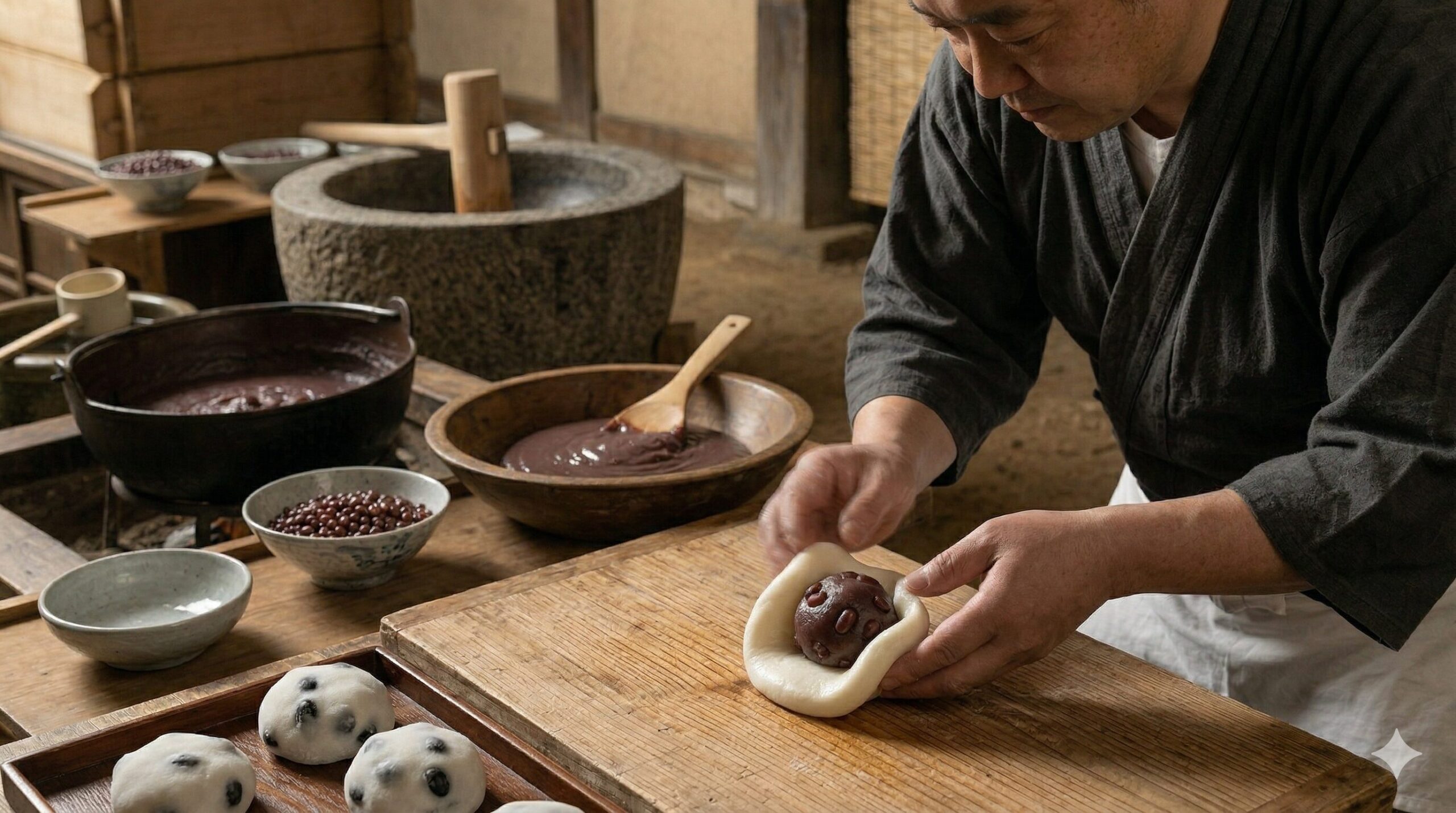京都の活気ある和菓子店の店頭で、熟練のアジア人女性職人が、つきたてのお餅であんこと豆を驚くべき速さで包み込み、名代豆餅を完成させる手元の様子。