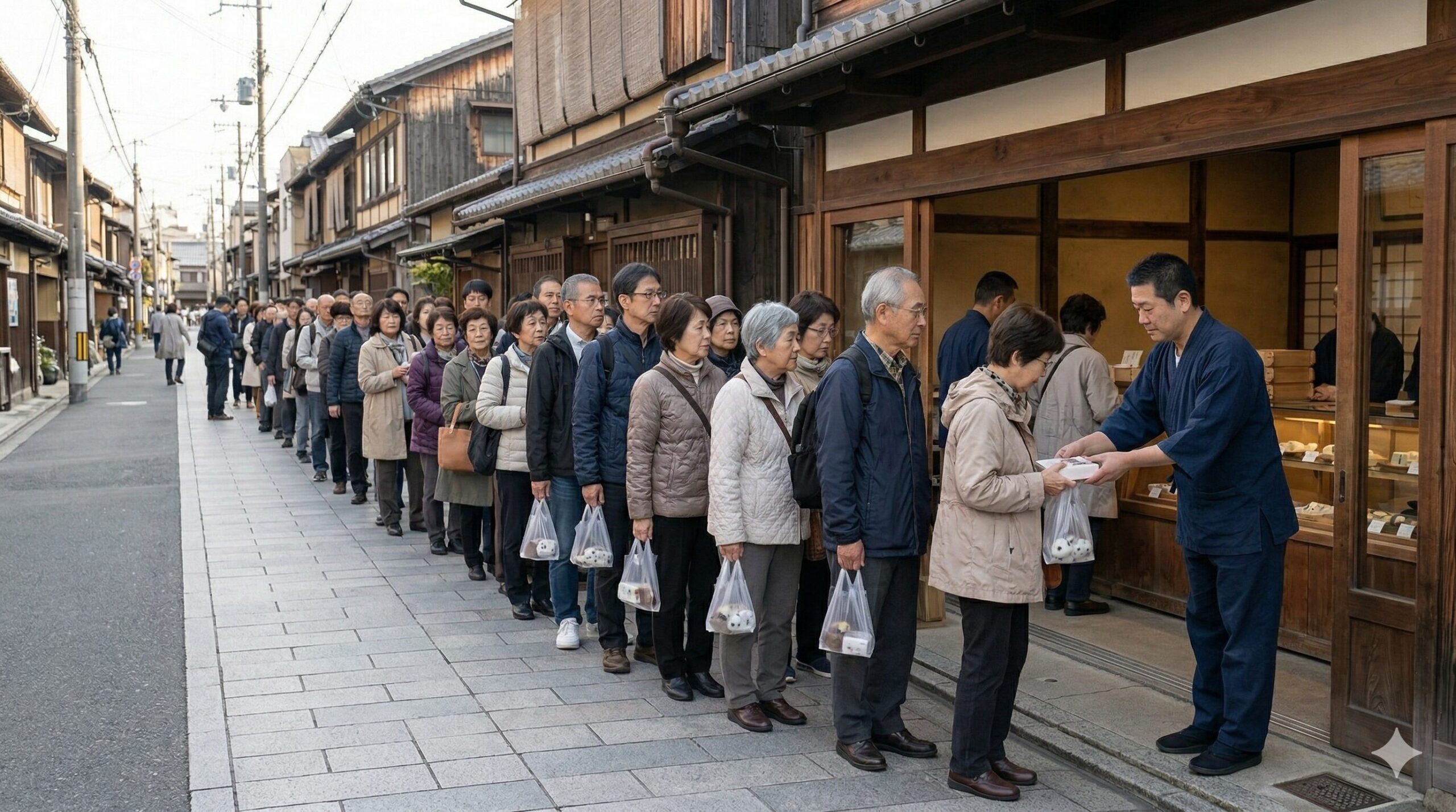 京都の商店街にある老舗和菓子店「出町ふたば」の前に、名代豆餅を求めて開店前から並ぶ人々の長い行列と、誘導するスタッフの様子。