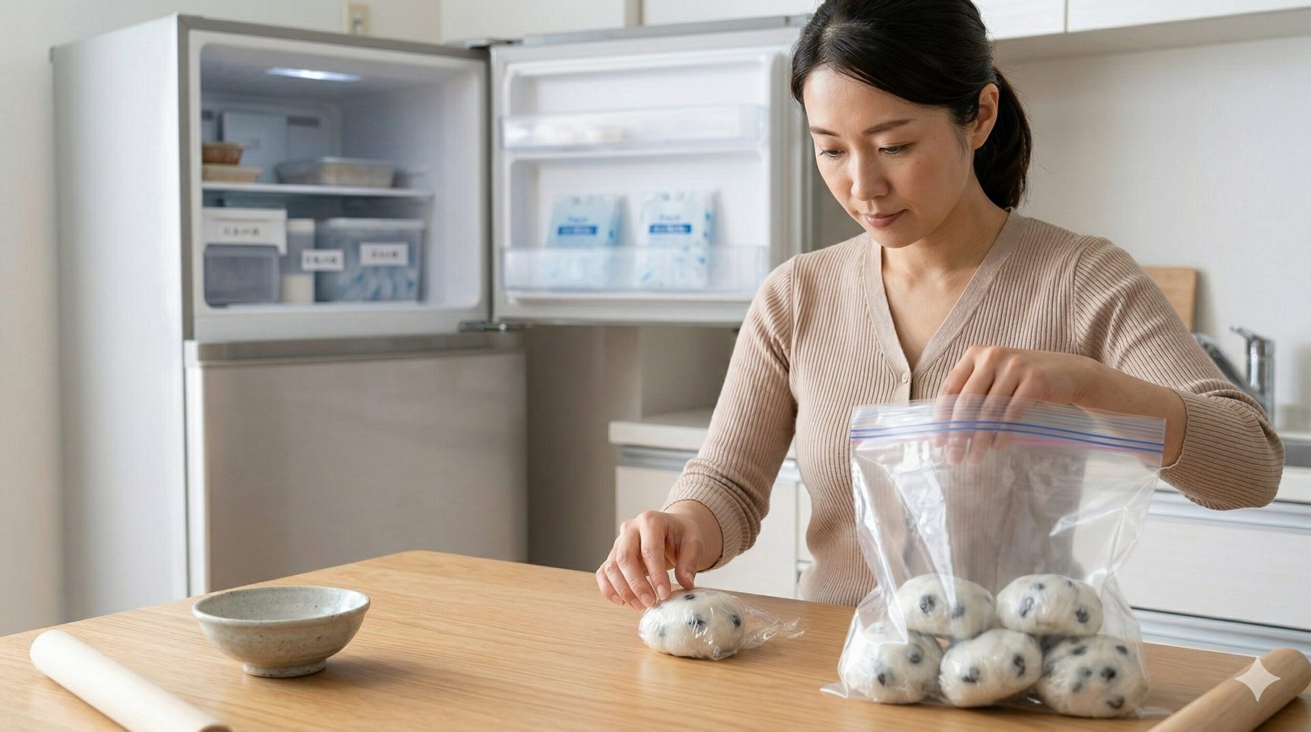 日本の家庭のキッチンで、アジア人女性が余った豆餅を一つずつ丁寧にラップで包み、冷凍保存袋に入れて空気を抜き、冷凍庫へ保存する様子。