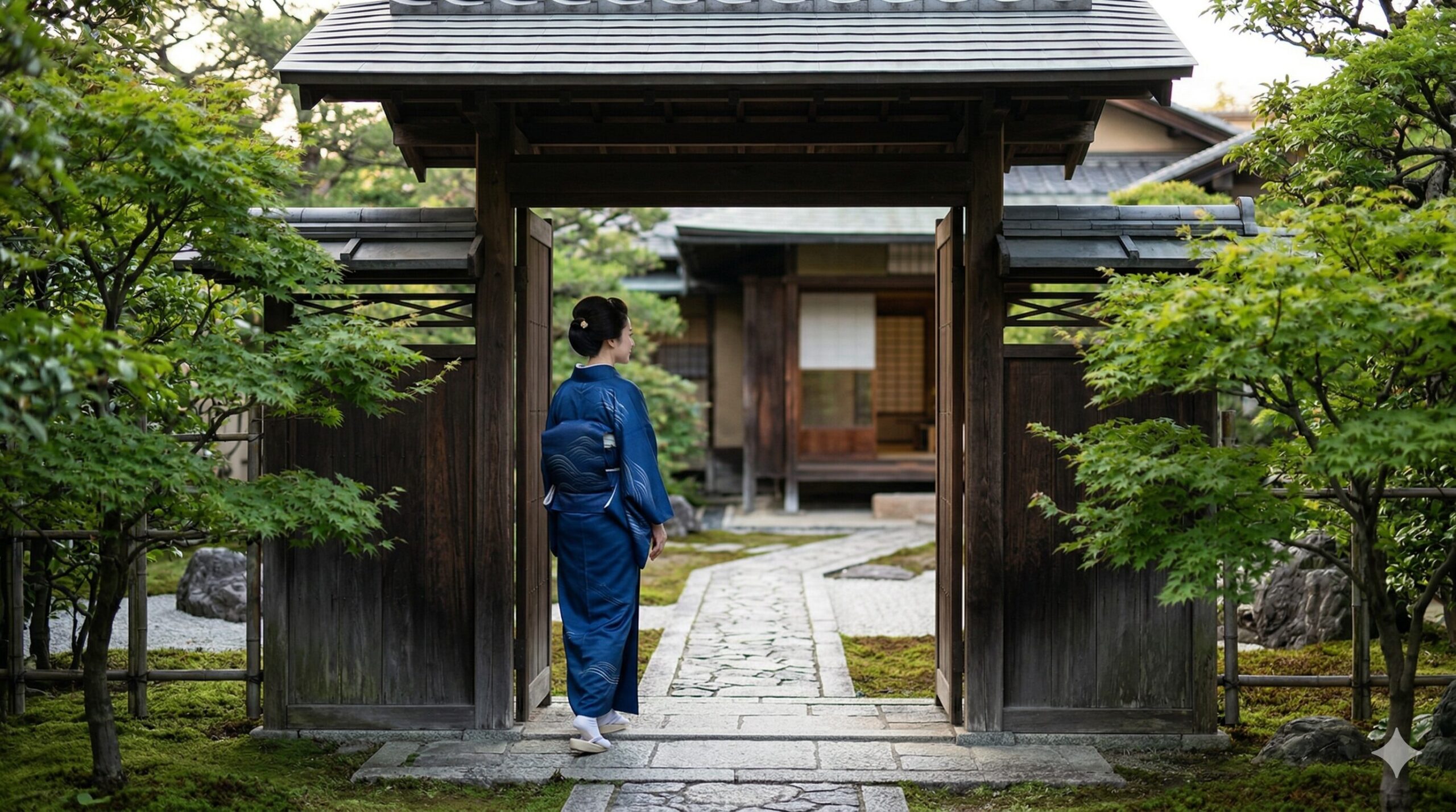 京都下鴨にある老舗茶寮「宝泉」の閑静な庭園と、石畳のアプローチを進む着物姿の日本人女性。静寂な和の空間と伝統的な数寄屋造りの建物が広がる。