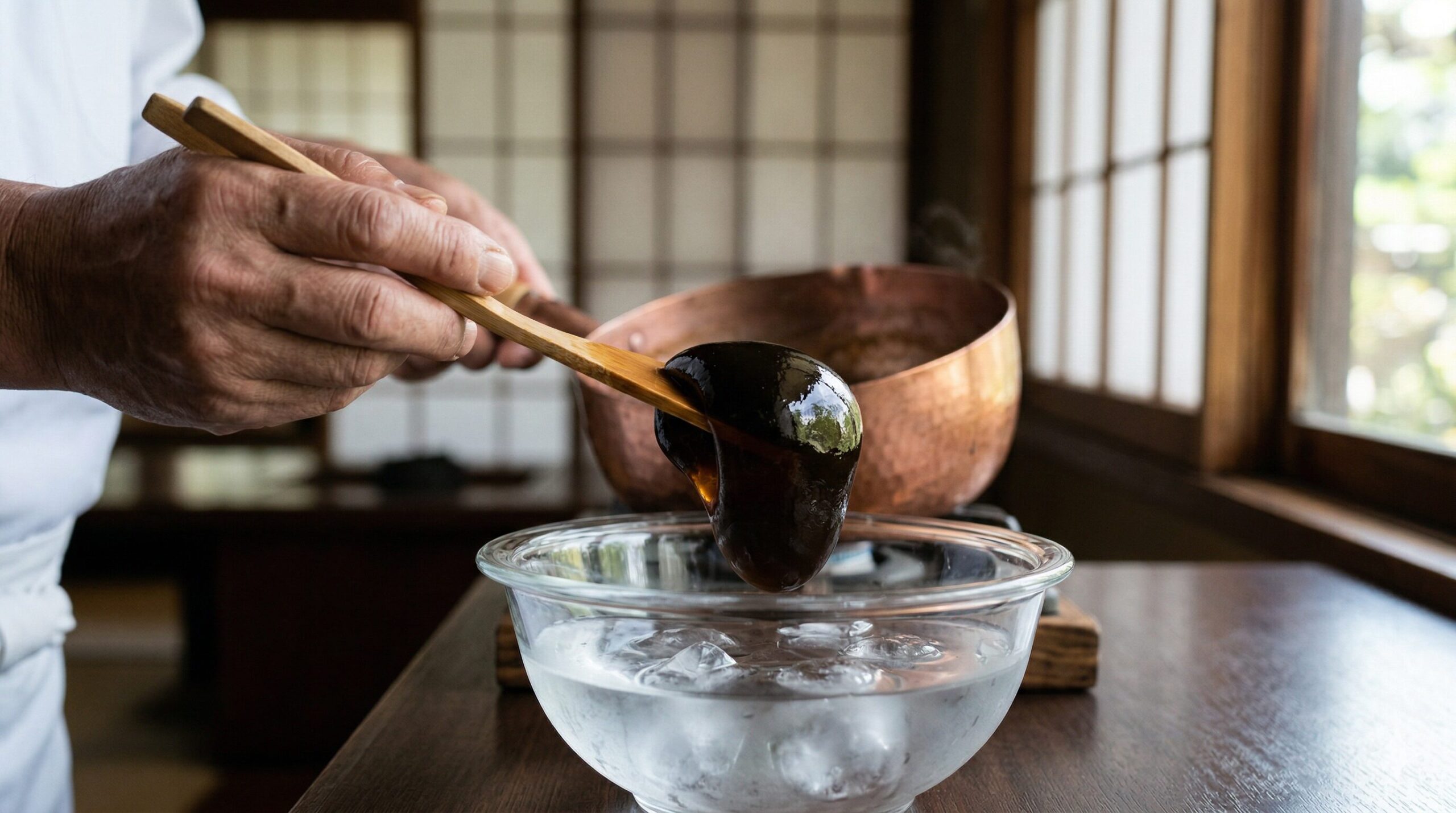 茶寮 宝泉の職人が、希少な本わらび粉100%の練りたて黒褐色わらび餅を、氷水へ落とし形を整える瞬間。賞味期限15分と言われる一瞬の芸術的な輝きと、瑞々しい質感をクローズアップで捉えた。