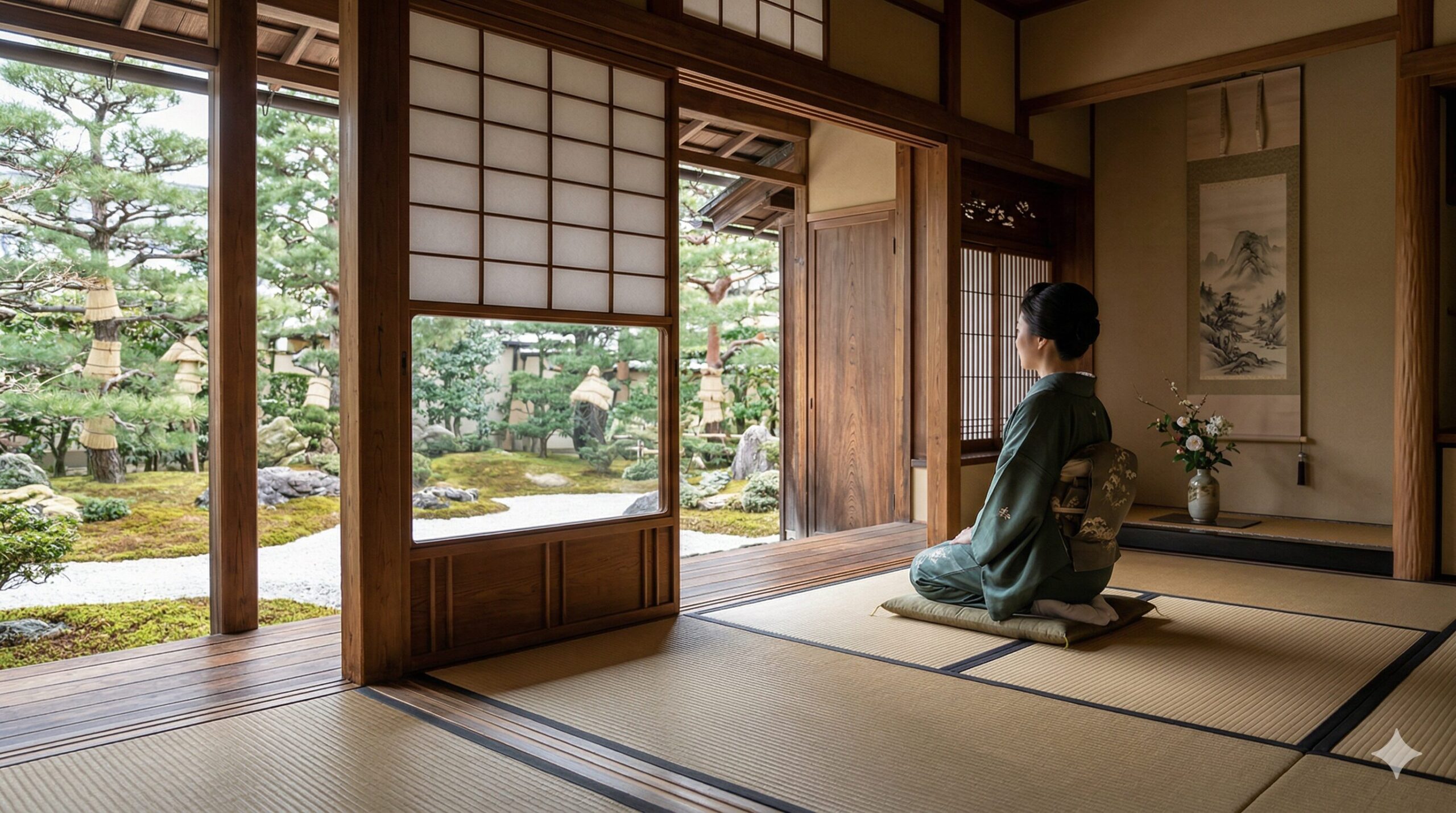 京都下鴨に佇む、築100年の数寄屋造りの邸宅「宝泉」。畳に座った時の低い視点から、静寂な枯山水庭園と苔、松、東北の冬の菰巻きと敷松葉を眺める着物姿の日本人女性。木の温もりと畳の香りが広がる。