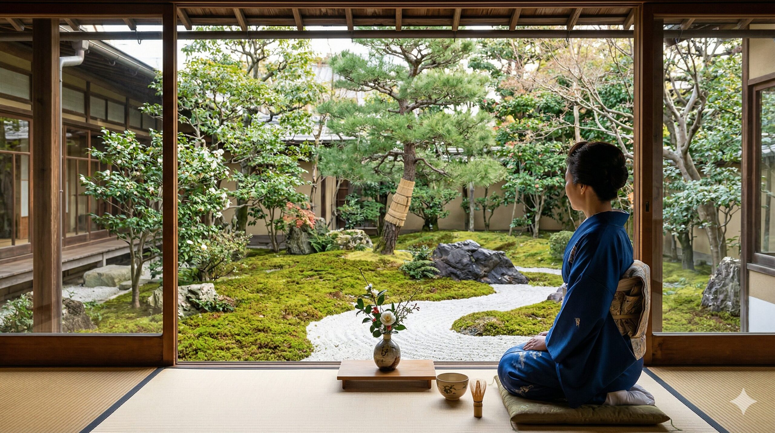 京都・下鴨の老舗茶寮宝泉で、枯山水庭園を眺めながら静かに座る、濃紺の着物を着た日本人女性。北澤造園が手掛けた、苔、白砂、砂紋、東北の冬の菰巻きされた松、真黒石が見事な庭園と、伝統的な数寄屋造りの建物が広がる、静寂な和の空間。